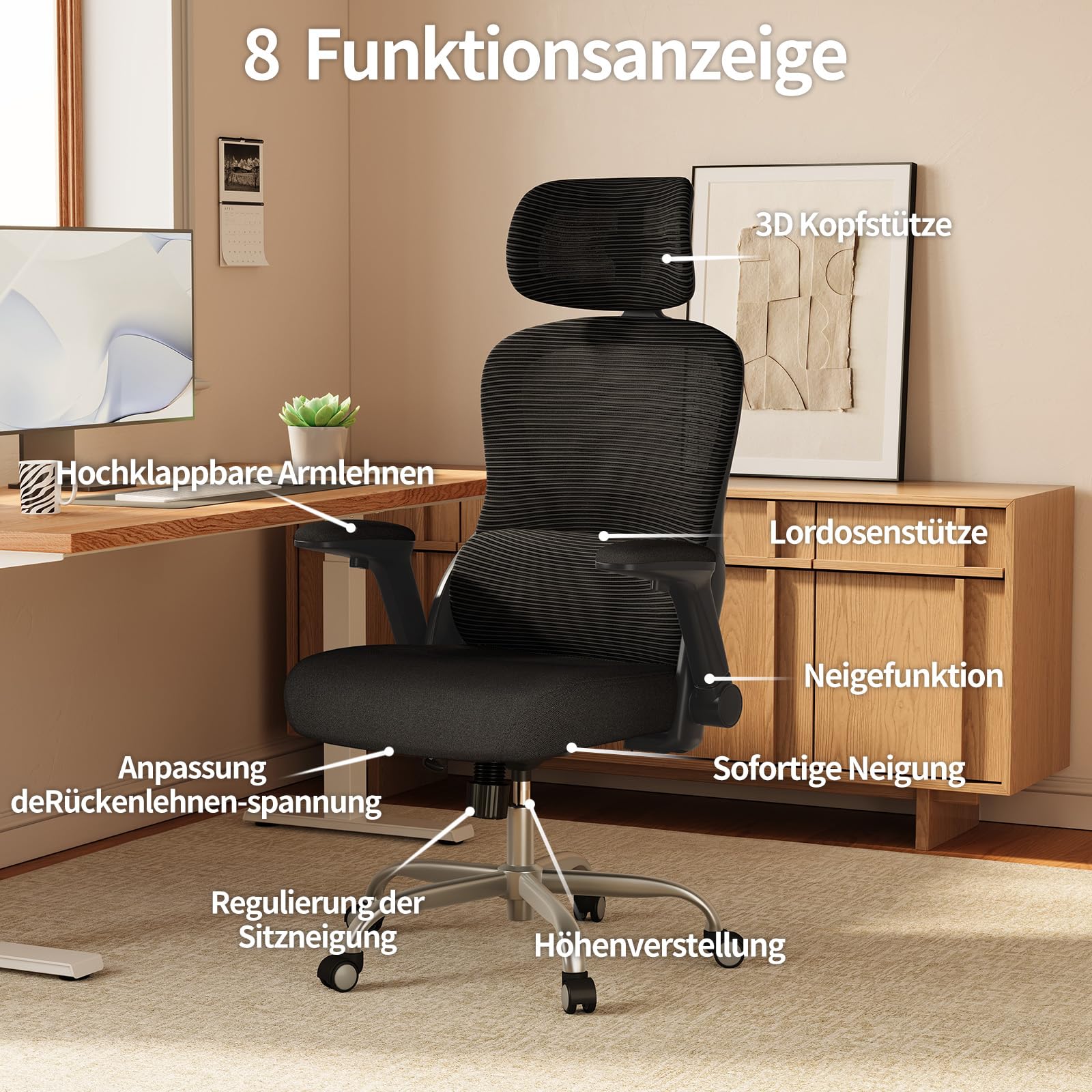 TRALT Bürostuhl Ergonomisch - Bürostuhl - Gaming Stuhl mit Verstellbare Kopfstütze Lordosenstütze Home Office Desk Chair - Schreibtischstuhl Computerstuhl für Große Menschen Mesh-Stuhl 150kg Schwarz