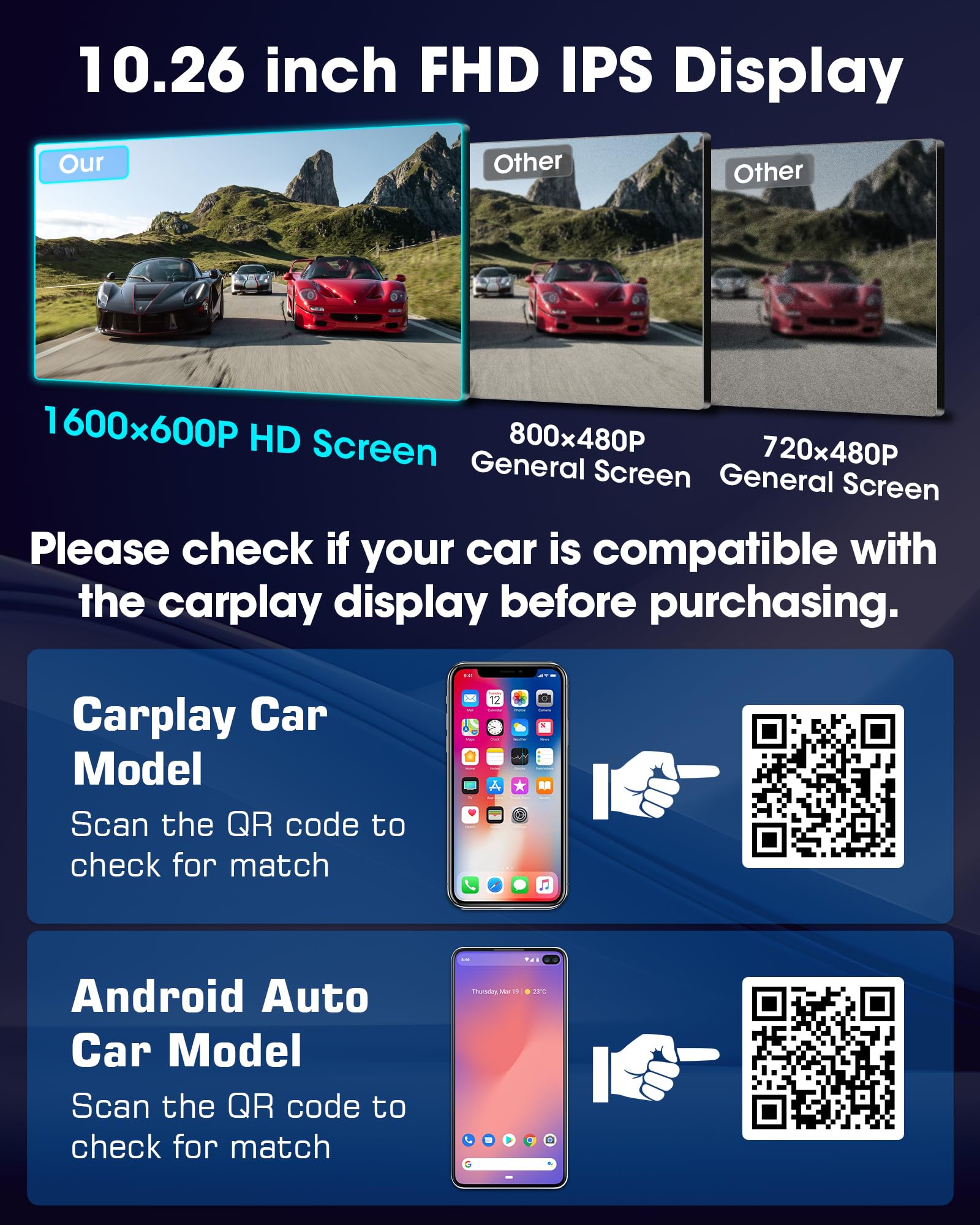 2026 Exklusivität Carplay Android Auto Display mit Stehende Halterung 10,26 Zoll Touchscreen Display Car Play Bildschirm mit Rückfahrkamera, Siri/GOO-gle GPS Navigation Superspiegel FM