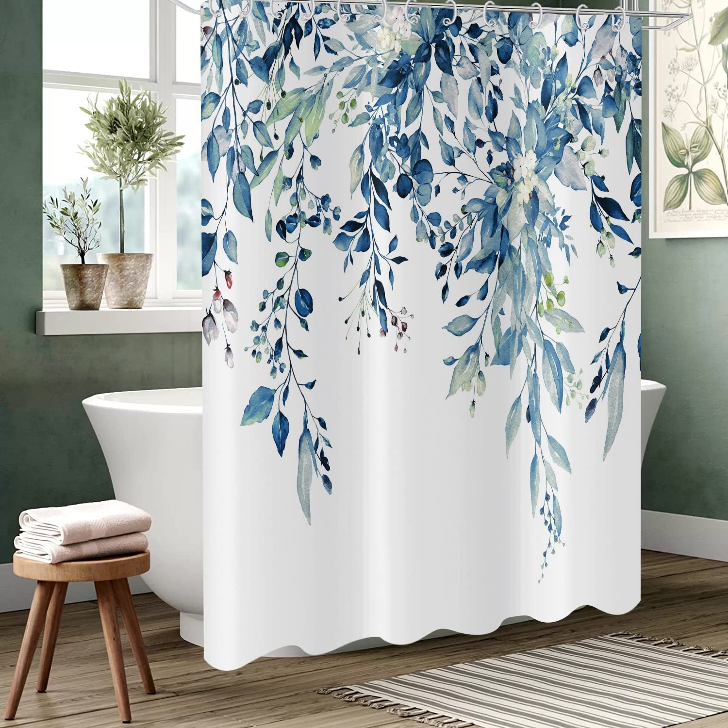YiarTaan Pink Eucalyptus Shower Curtain - Watercolor Leaf Botanical Print, 72x72 Inches With Hooks - View #4
