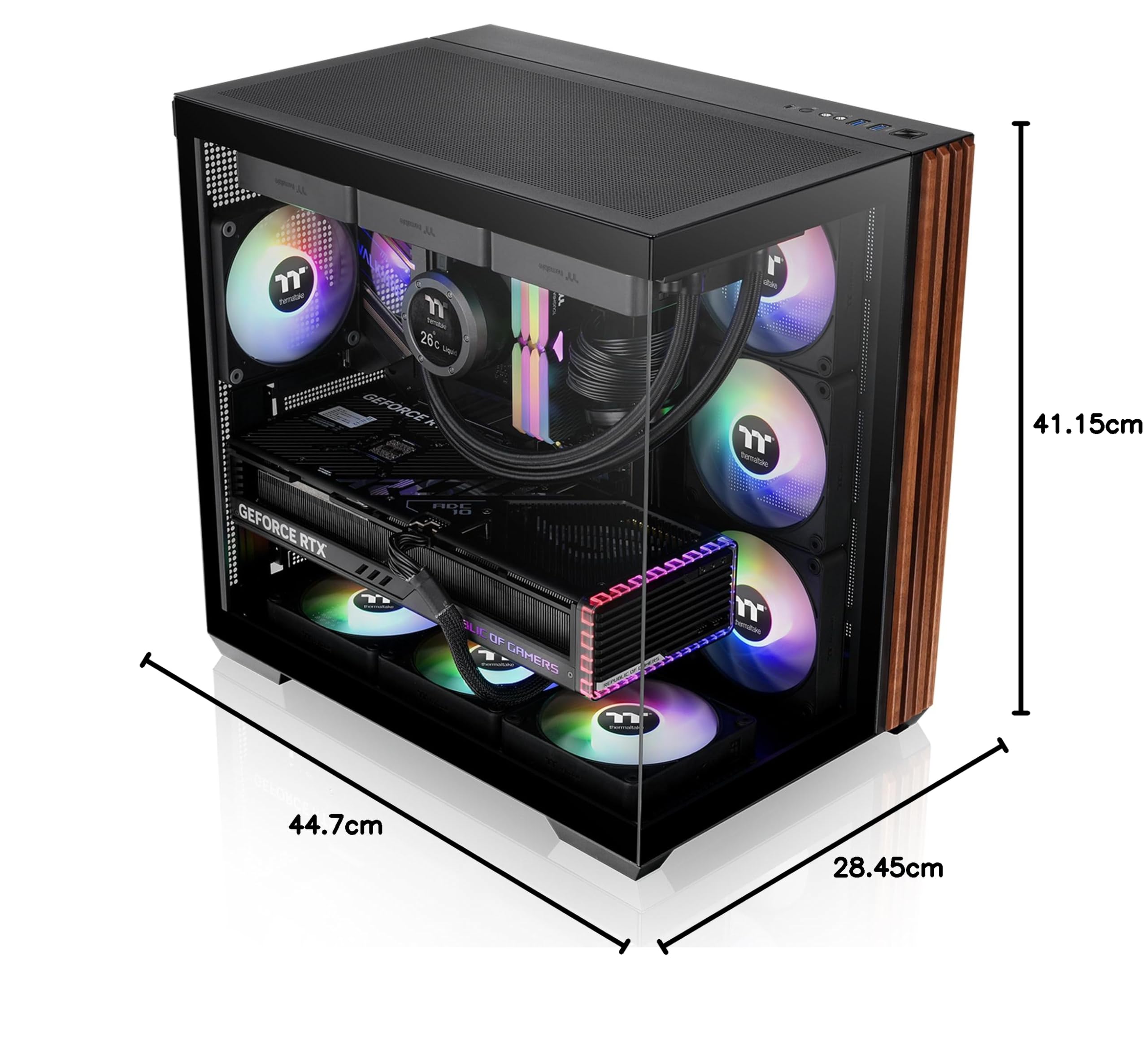 Thermaltake View 380 WS ARGB; chasis de Torre Media; moldura Lateral de Madera; Ventiladores ARGB Lite de 4 x 120 mm incluidos; Espacio de GPU de 415 mm; cámara Dual; ATX/mATX/mITX; Soporte de