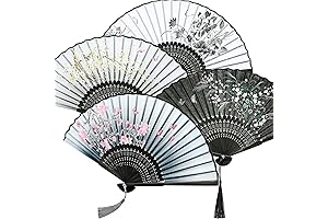 Zonon 4 Pack Handheld Personal Hand Fans for Women Silk Bamboo Hallow...