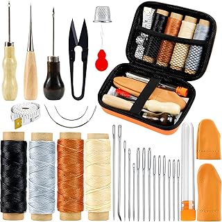 Tazweeq Leather Repair Sewing Kit, Leather Working Tools with Pro Waxed Thread, Large Eye Hand Sewing Needles, 3 Versatile Awl, Heavy Duty Sewing Kit for Car, Upholstery, Vinyl, Canvas