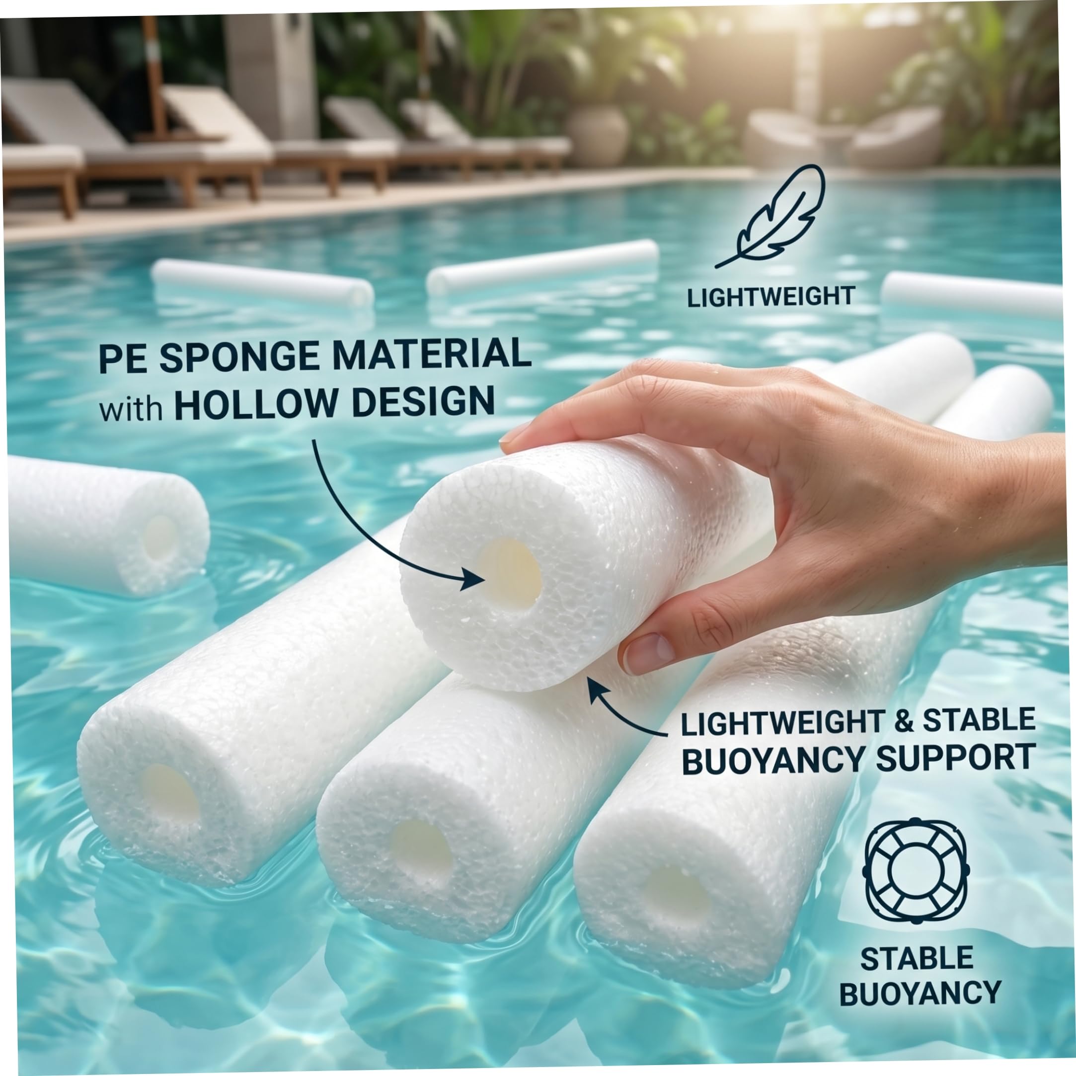 Fideos para Piscina, 6 flotadores de Espuma Hueca de 59 Pulgadas, Antideslizantes para Manualidades en la Playa, Color Blanco