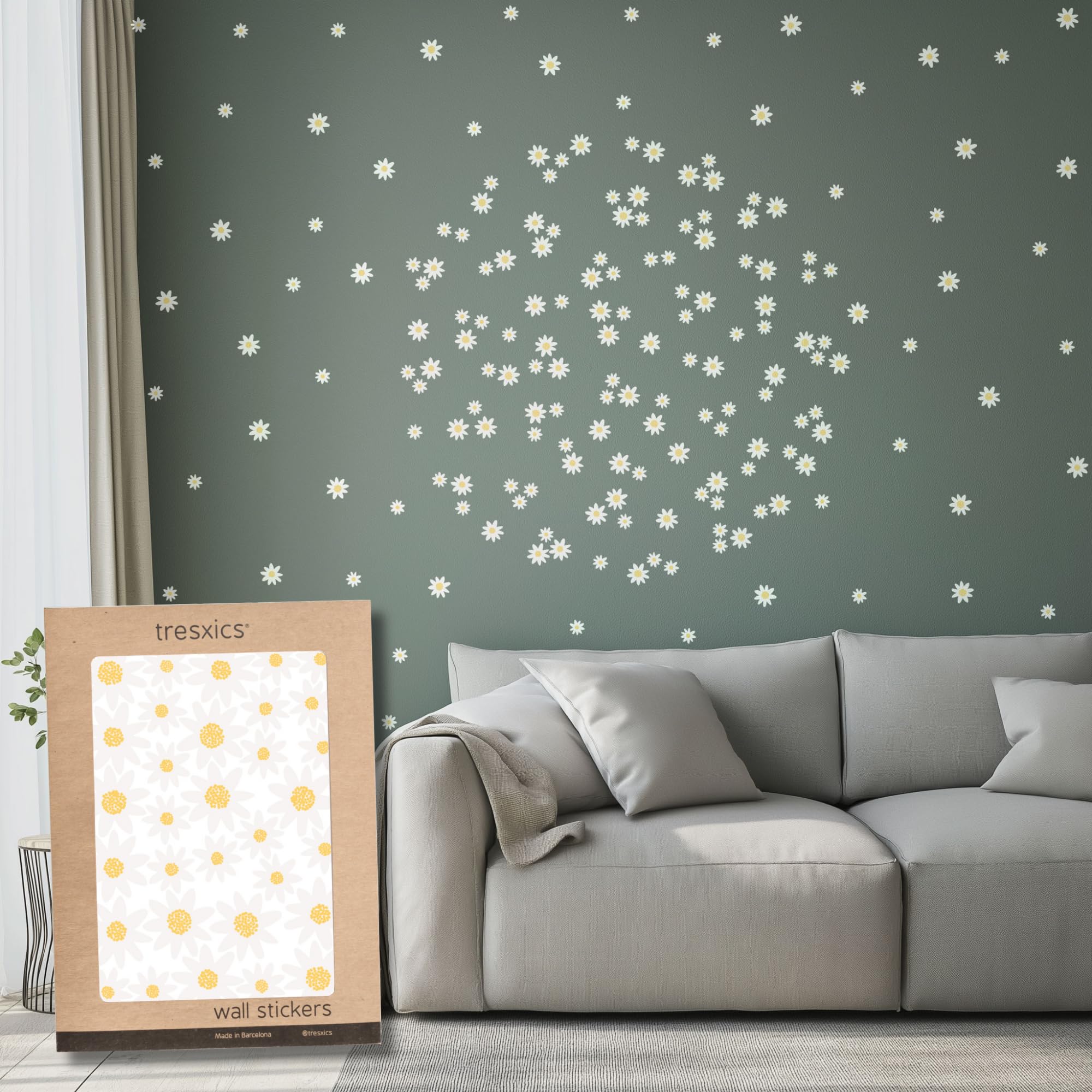 Pegatinas Pared Decorativas Flores | 6 Láminas, 192 Margaritas Adhesivas | Vinilo Adhesivo Pared | Efecto Papel Pintado | Cubre 9 m² | TRESXICS (Blanco)