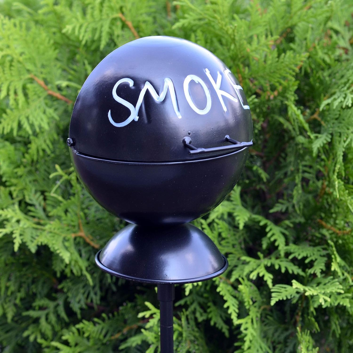 WHW Whole House Worlds Smoke Ashtray Garden Stake, Lidded Dome with Pedestal Base, BBQ Grill Party Style, Black Lacquered Iron,5 Diameter x 44 1/2 H inches