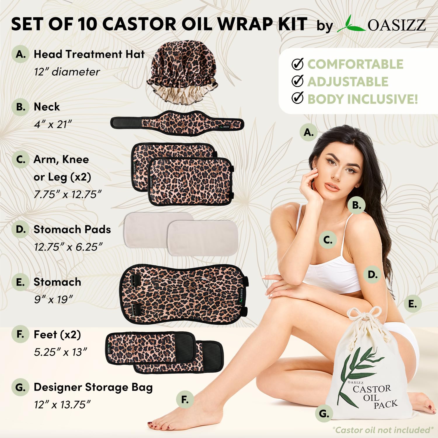 10-Piece Cotton Flannel Castor Oil Wrap Set, Ultra-Soft, Leak-Resistant & Reusable for Gentle Detox & Relaxation, Adjustable Fit for All Body Types, Added Bonus - Bonnet, Extra Pads & Storage Bag