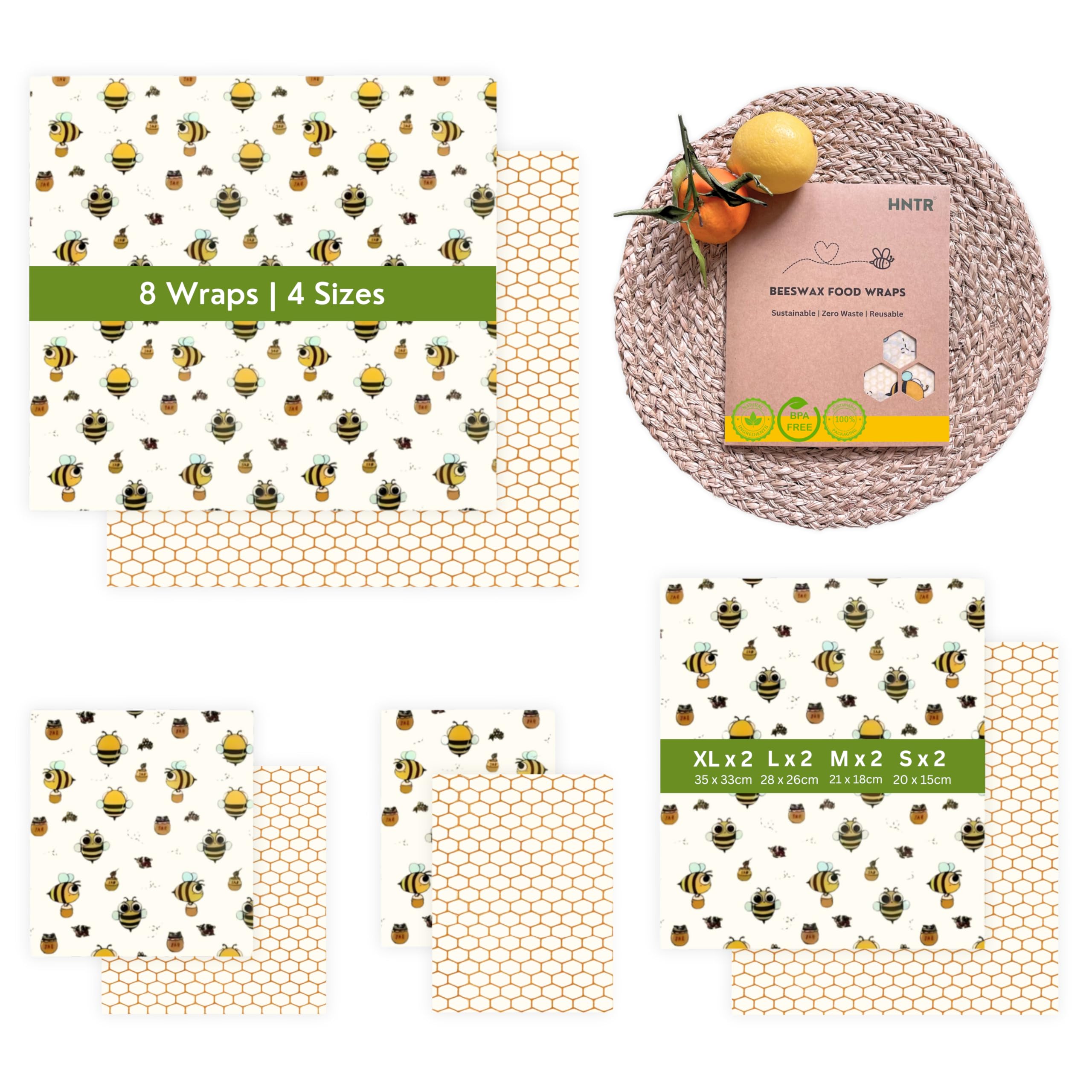 HNTR Organic Beeswax Food Wrap – Set of 8 Beeswax Wraps | Natural Wax Wrap for Food Storage | Artisan Cheese Storage for Fridge | Reusable Sandwich Bag Alternative | Plastic-Free & Sustainable