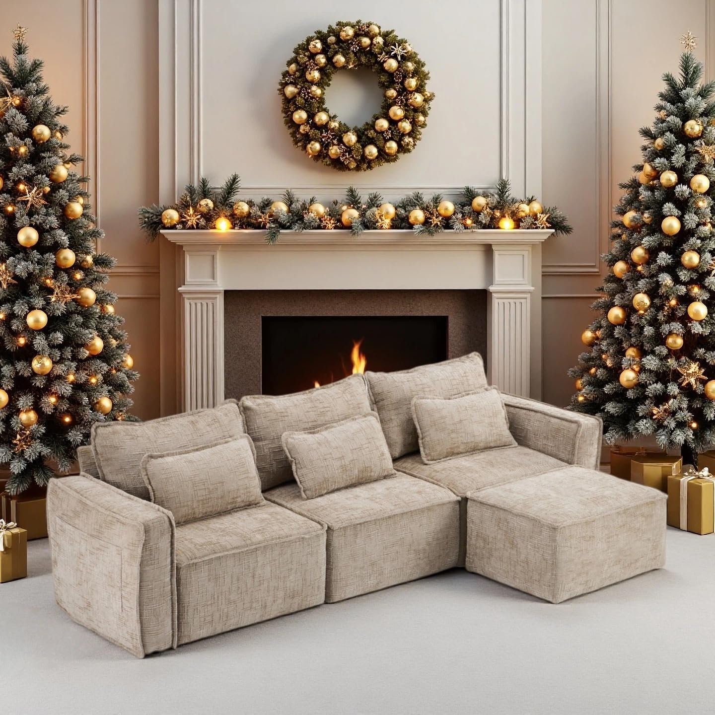 VINGLI 111" Convertible Modular Sectional Sofa,Comfortable L Shaped Reversible Couch with Ottoman, Removable 3 Seater Boneless Modern Couch, Durable Chenille Cloud Sofa for Living Room,Khaki