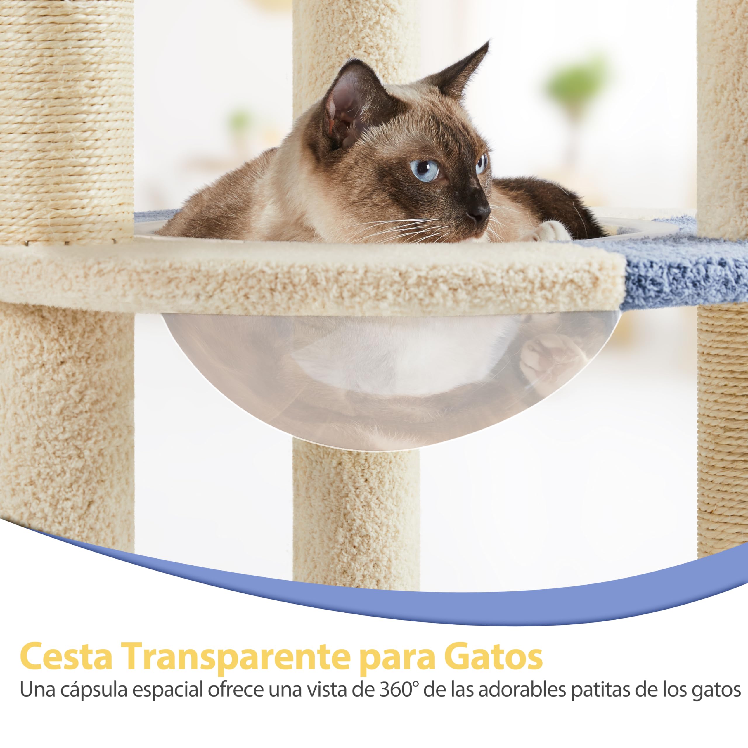 Yaheetech Árbol Rascador para Gatos 90 cm con Soporte Centro Azul y Beige | Cesta Redonda Transparente, Perca superior, Plataforma en forma de paz, Poste sisal resistente,Fácil montaje, Ahorra espacio