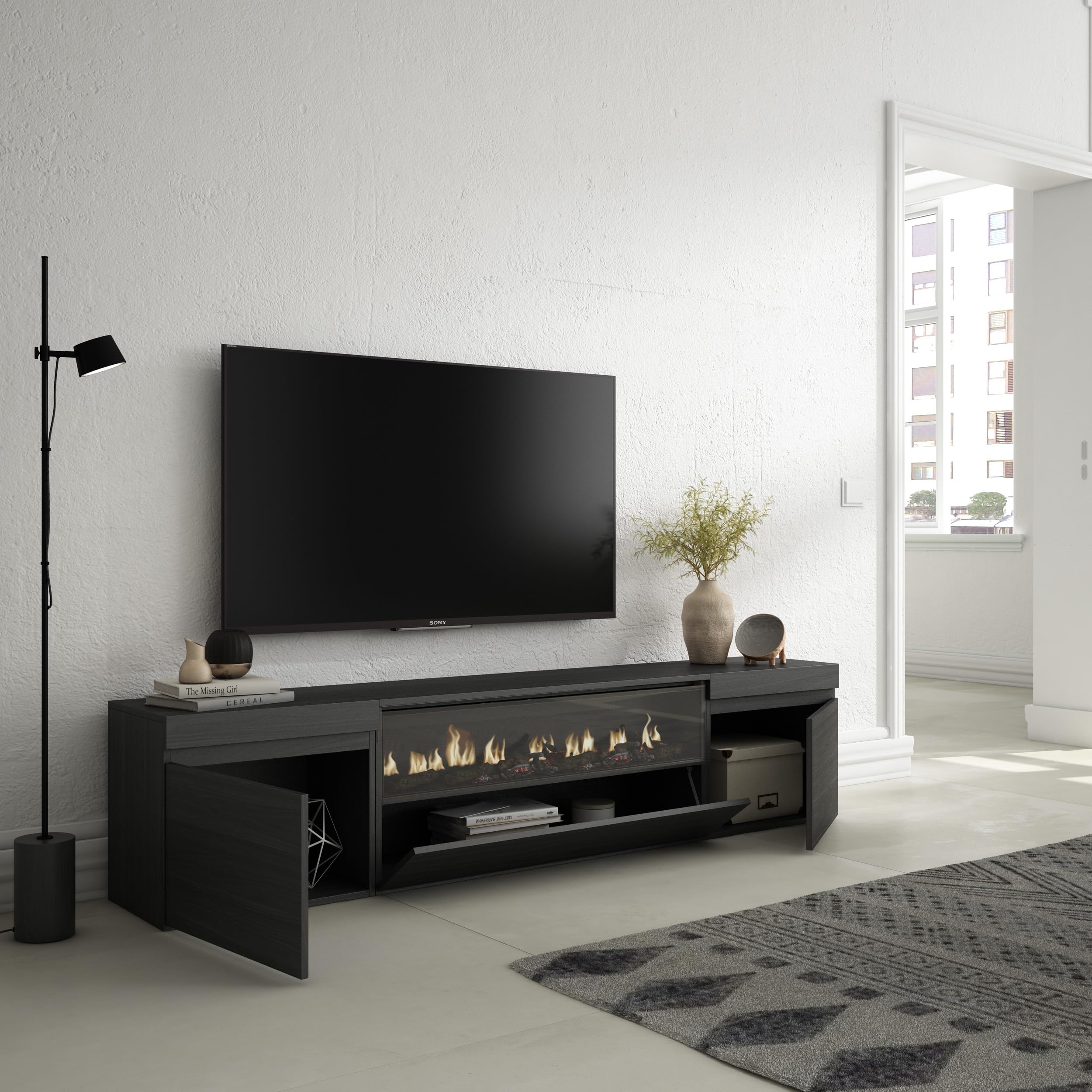 Skraut Home | Mueble TV | Televisión | Muebles de salón, almacenaje | 200x45x35cm | para TV hasta 80" | Chimenea eléctrica | Estilo Moderno | Negro
