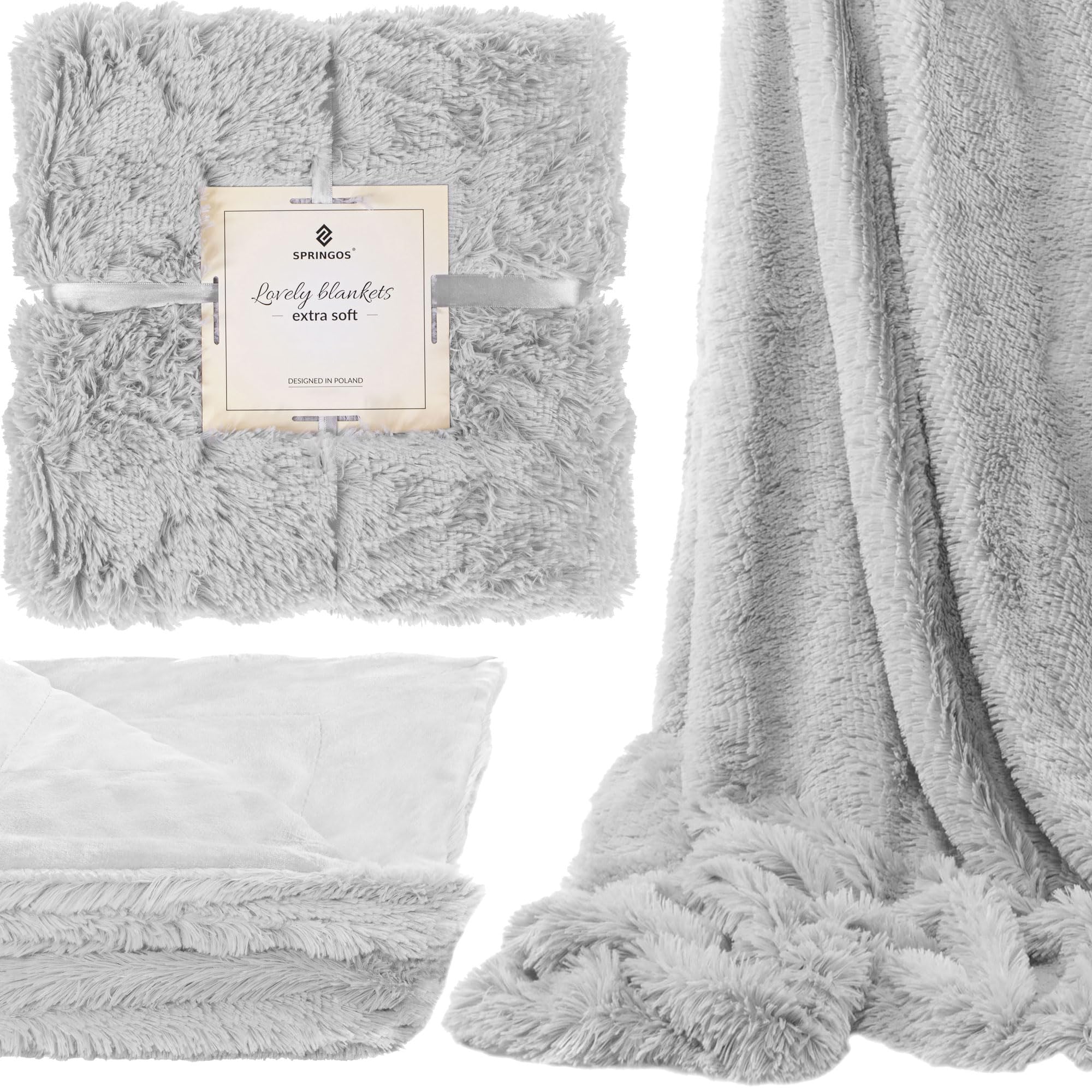 SPRINGOS Kuscheldecke Plaid Überwurf 220 x 240 cm Grau Plüschdecke Decke Wohndecke zweiseitig Kunstfelldecke