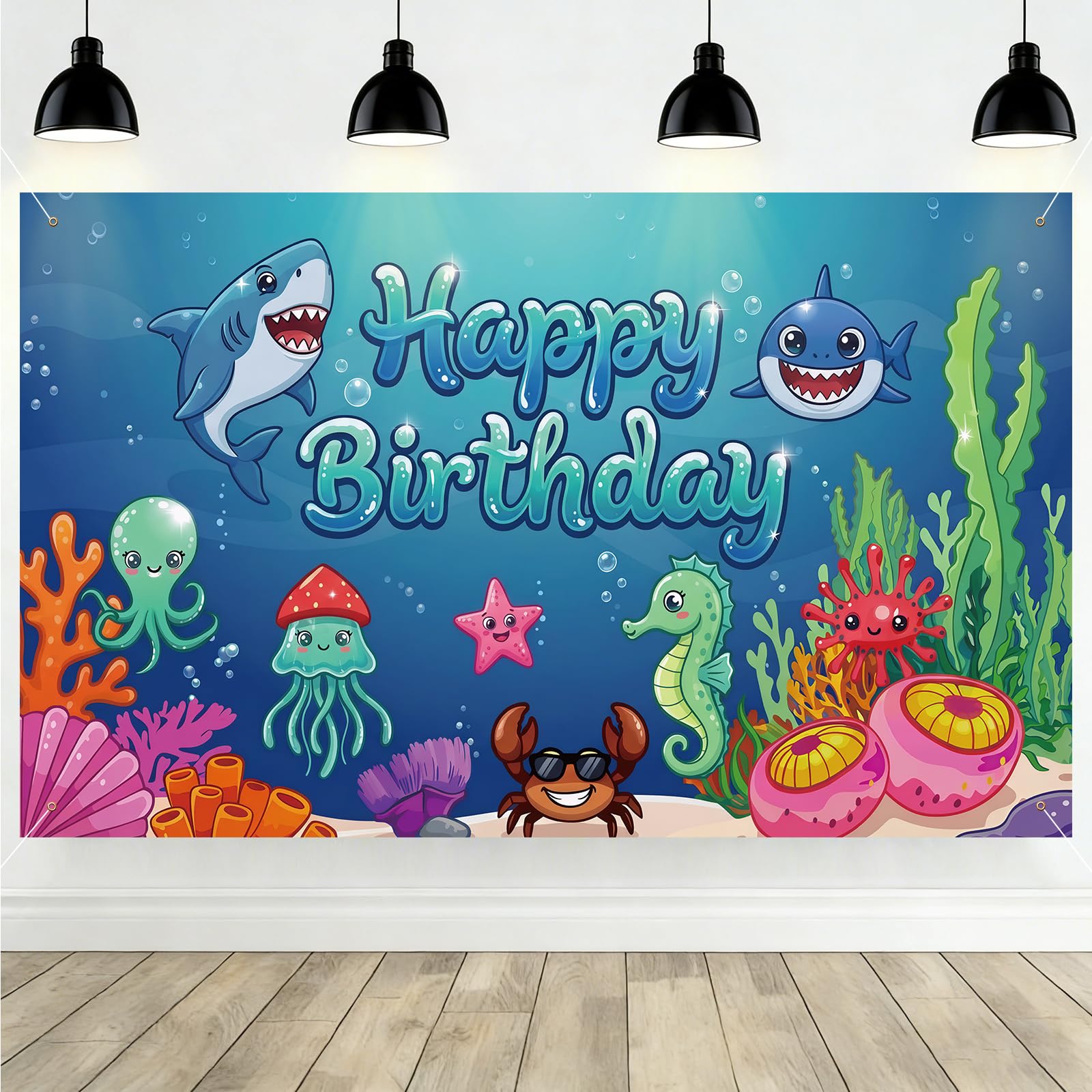 Shark Happy Birtday Backdrop for Kids - Ocean Animals Party Banner Decor