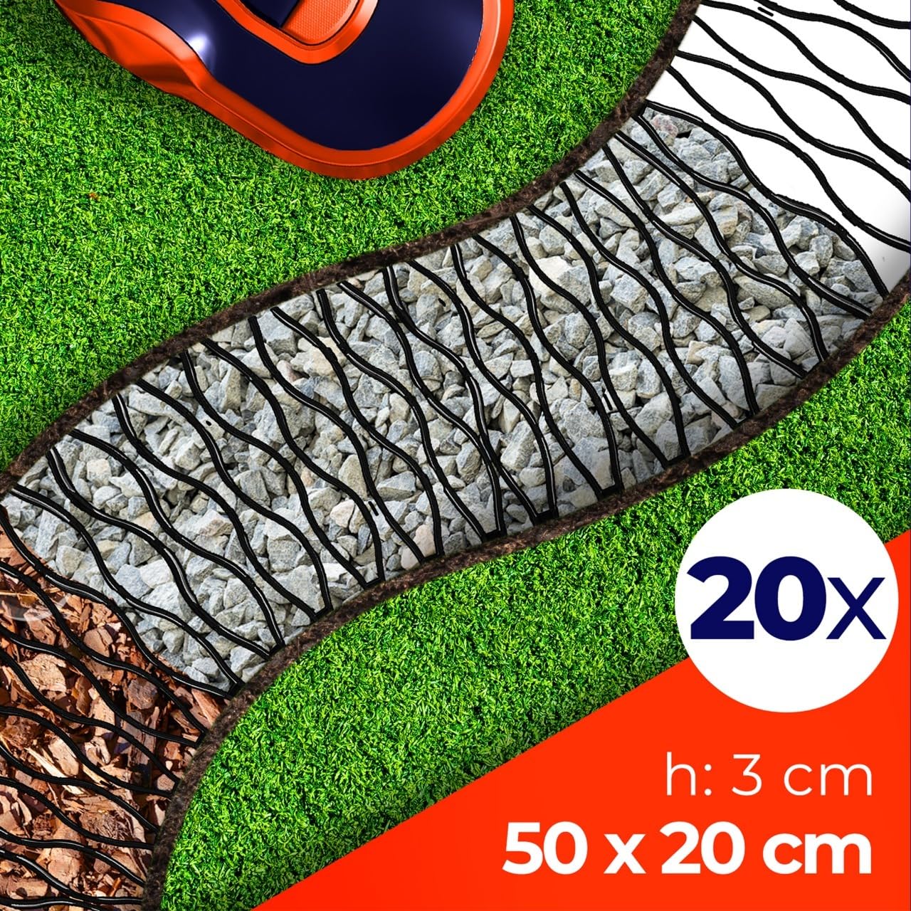 KADAX 20 griglie di protezione per prato per robot tosaerba, 47 x 20 cm, griglia per prato, protezione dai danni causati da robot tosaerba, piastre in plastica (nero)