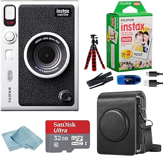 Fujifilm Instax Mini EVO Hybrid Instant Camera Bundle: 20 Film Sheets, 32GB Card, Case, Tripod - Black