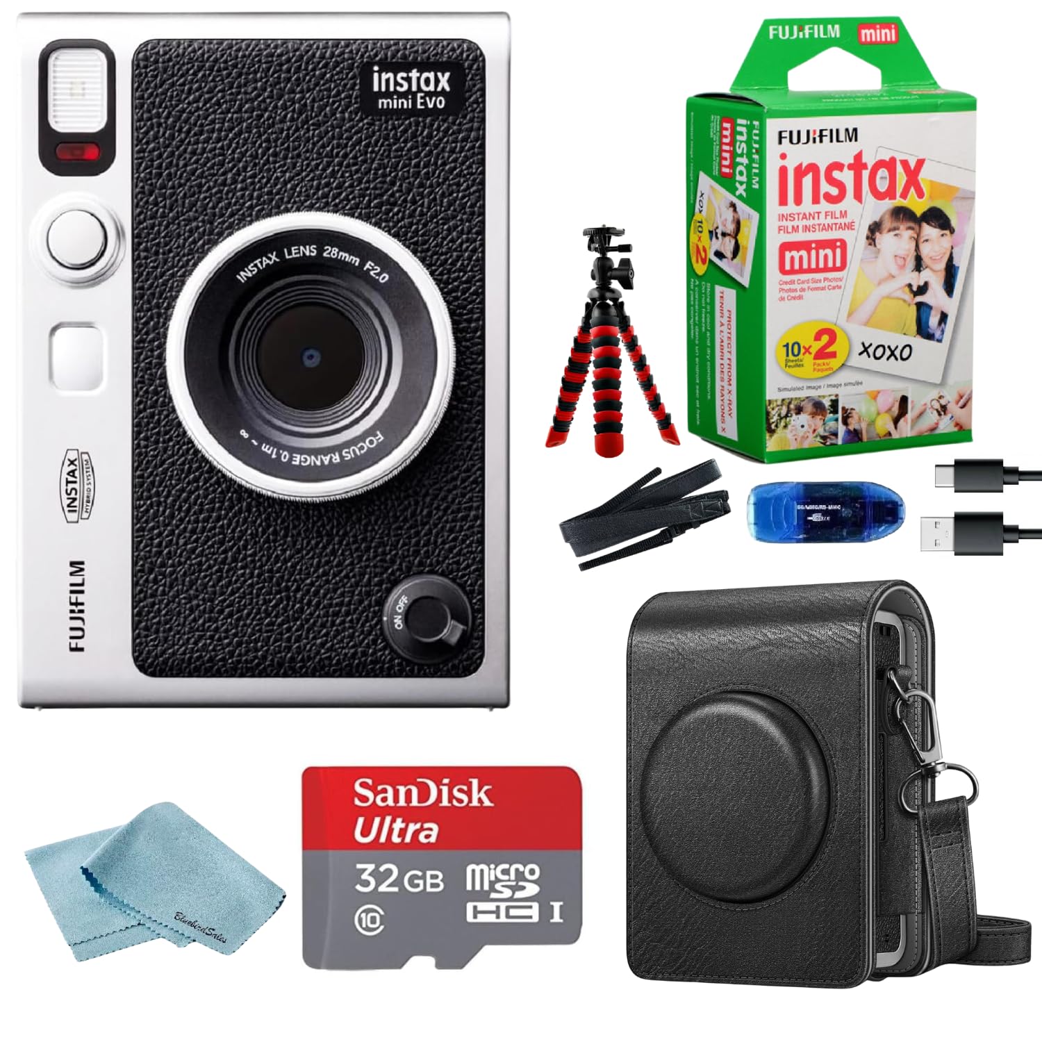 Fujifilm Instant Mini EVO Hybrid Camera Bundle with 20 Instant Film Sheets + 32GB Memory Card + Carrying Case + Flex Tripod + BluebirdSales Cleaning Cloth (Black)