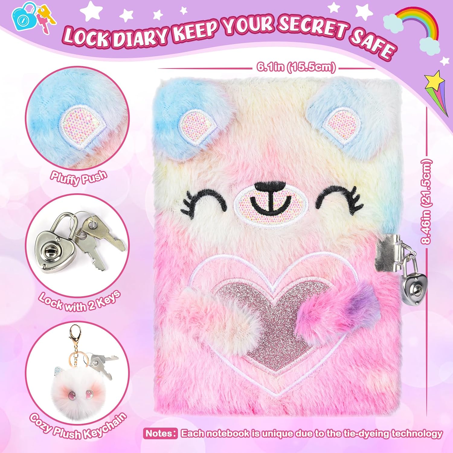 Diary for Girls Age 8-12, Girls Journal with Lock and Key, Kids Journal for Little Girls Birthday Gift, Cute Notebook with Multicolors Pen and Purse, Locking Diary Fuzzy Notebook for Writing (Pink)