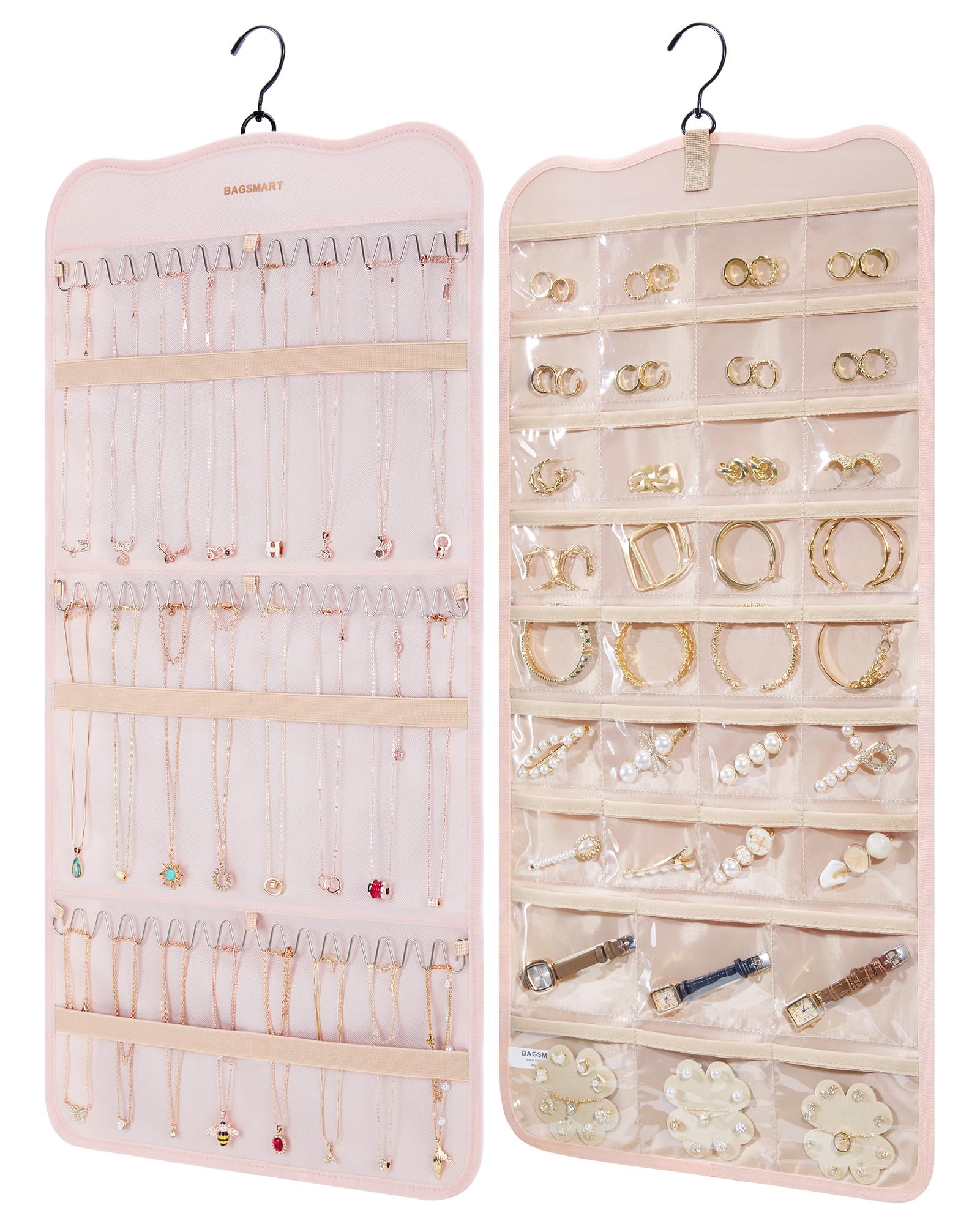 BAGSMART Hanging Jewelry Organizer Storage with Hanger Metal Hooks Double-Sided Jewelry Holder for Earrings, Necklaces, Rings on Closet, Wall, Door, 1 piece Large Pink