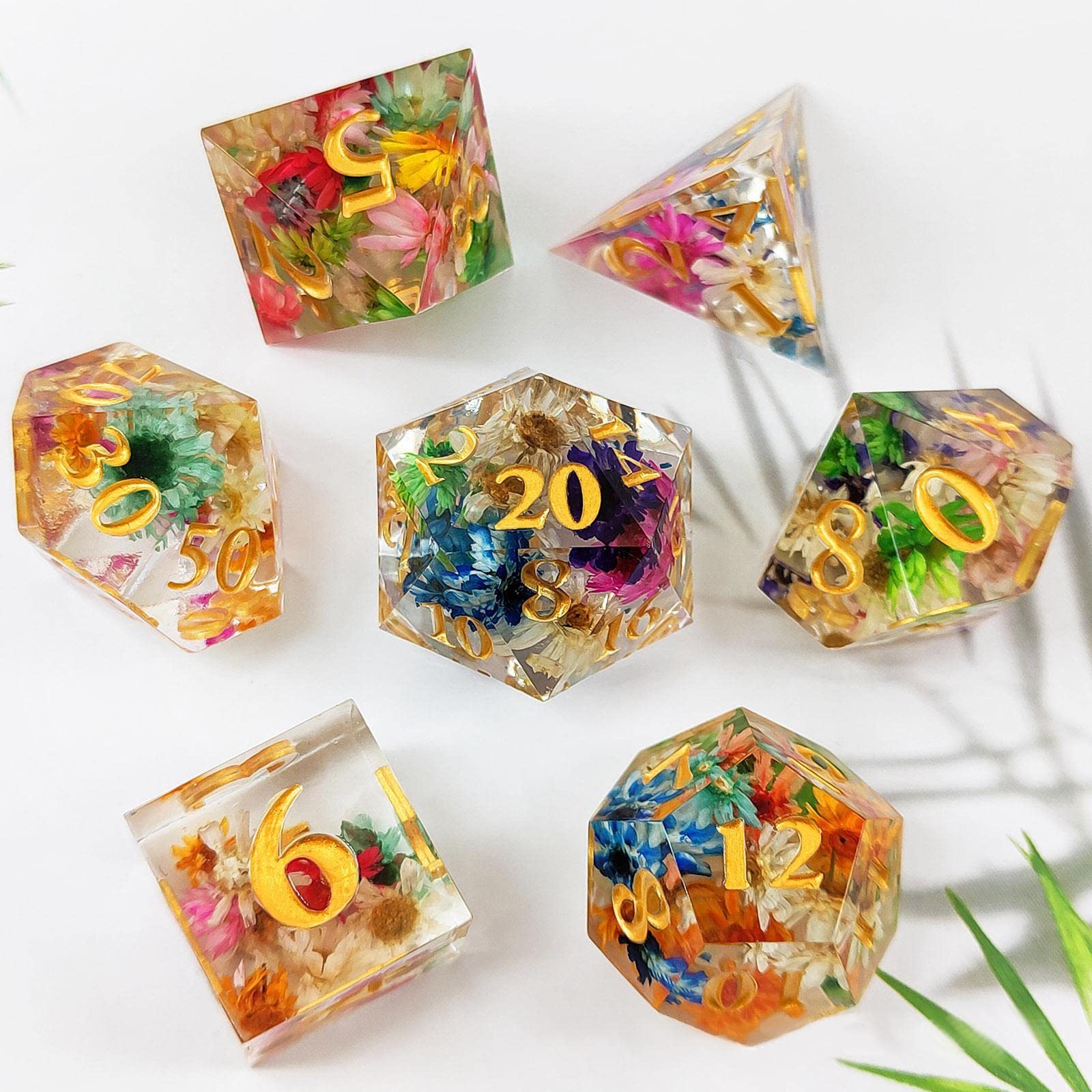 2 set de 7 dés polyédriques transparents en forme de fleur gravée pour les fêtes