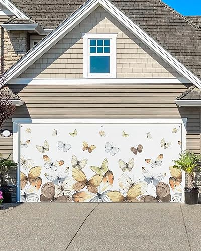 Garage Door Banner Cover Outdoor 7 x 16 ft, Light Colored Butterfly Farmhouse Durable Garage Door Cover with 6 Metal Rings for Party Wall Porch Yard