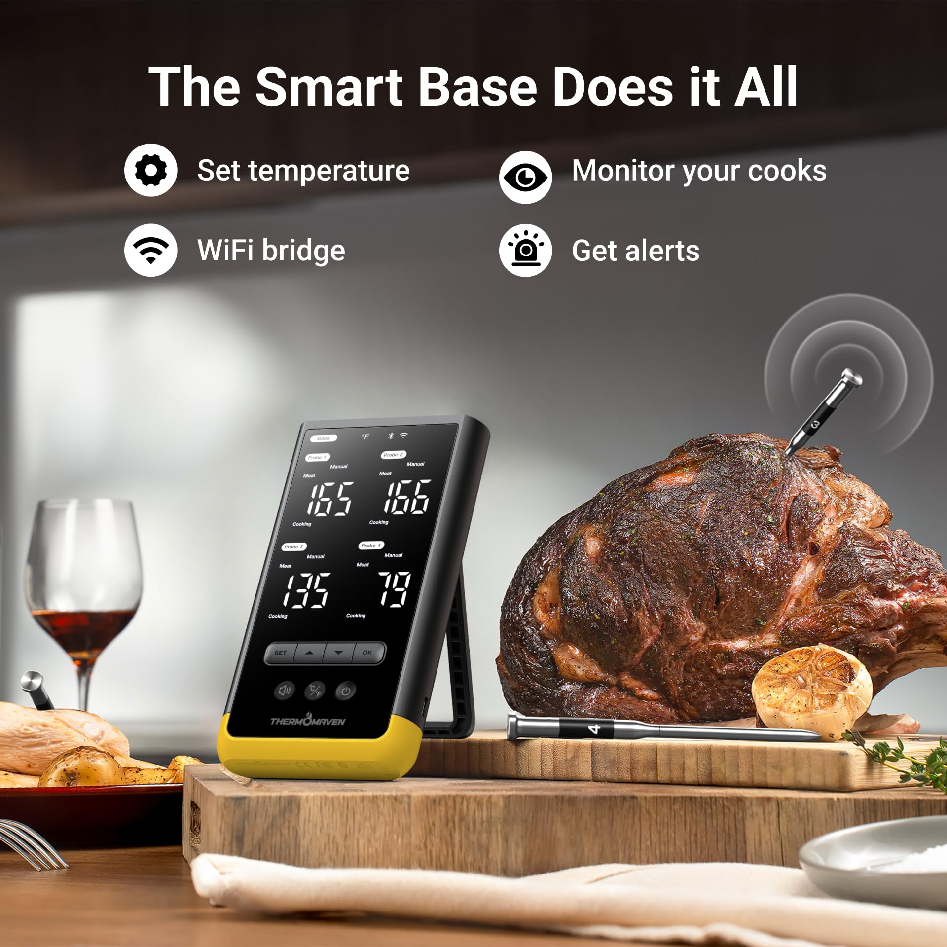ThermoMaven Smartes Fleischthermometer Kabellose mit Basisstation, Bluetooth & WLAN, 4 Fühler, 6 Sensoren, NIST-zertifiziert, große, stabile WLAN-Reichweite, für Smoker, Backofen & BBQ, Goldgelb