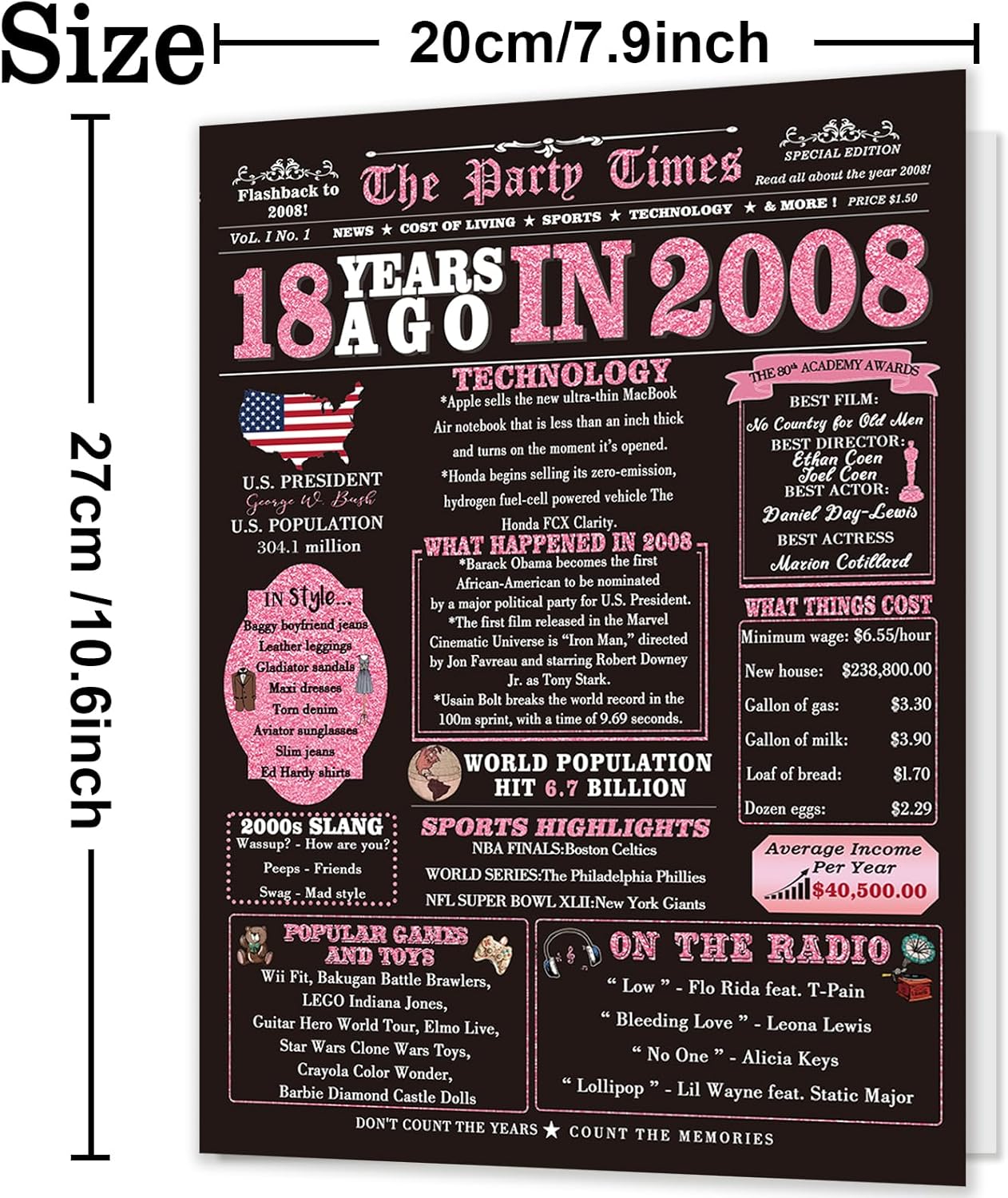 Happy 18th Birthday Card Gifts for Girls, Daughter, Niece, Granddaughter, 18th Birthday Decorations for Girls, Large Birthday Card for 18 Year Old, Funny Back in 2008 Birthday Card, Rose Pink Gold - Image 2