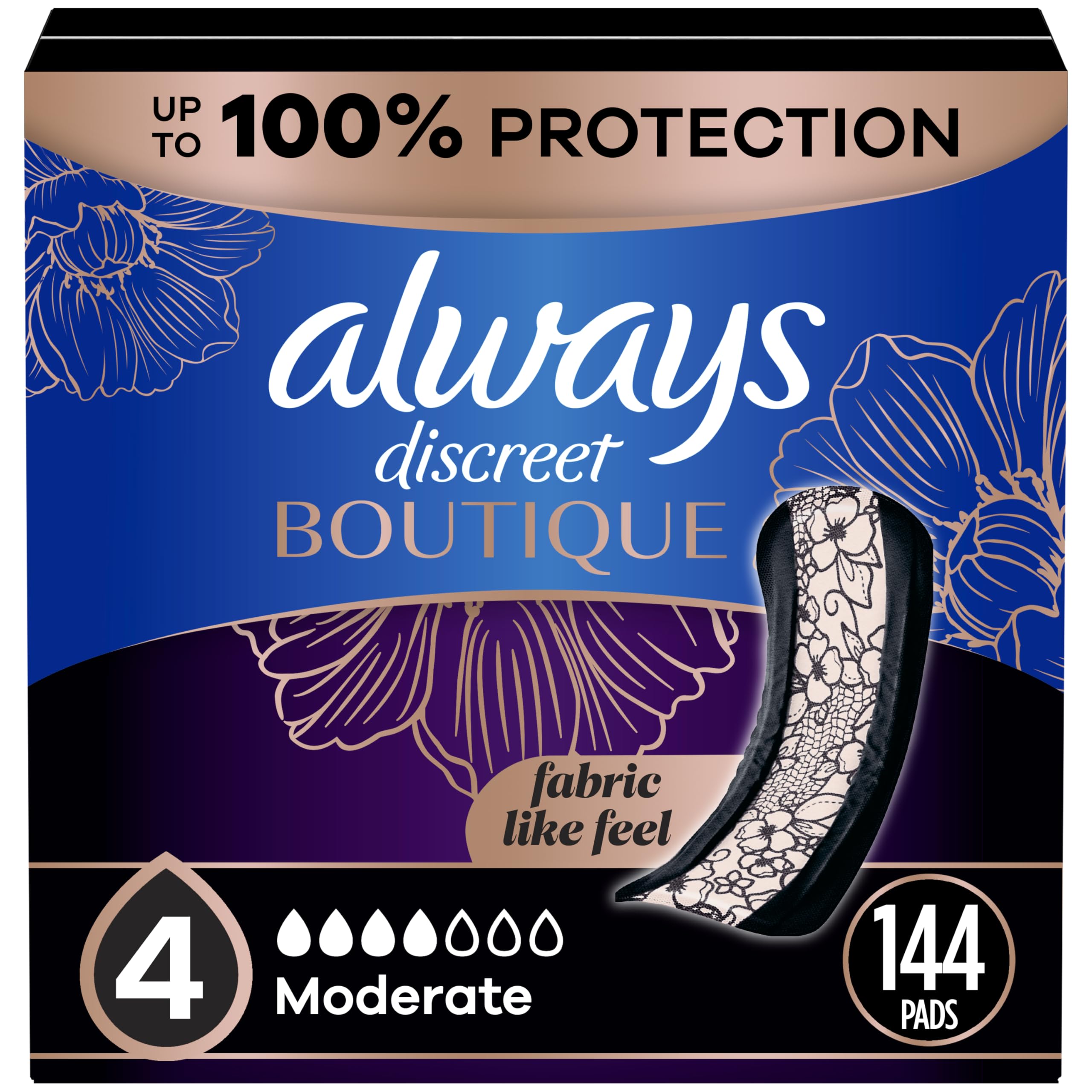 Always Discreet Boutique Incontinence Pads, for Bladder Leaks, Moderate Absorbency, Regular Length, 144 Count (3 Packs of 48)