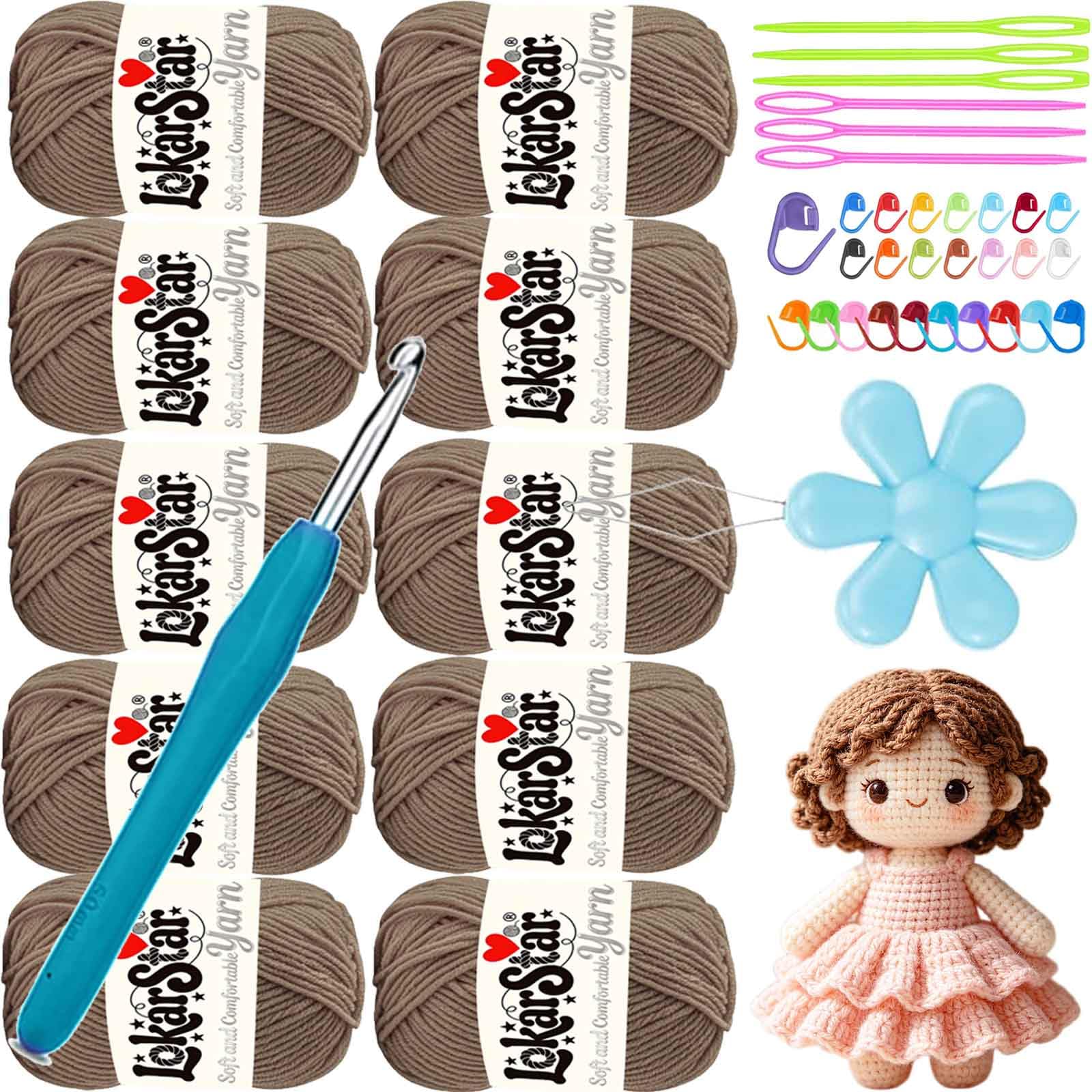 Double Knitting Wool,10x50g Acrylic Crochet Yarn for Knitting, Double Knit Acrylic Wool Super Soft Crochet Yarn with Carry Bag, Crochet Hooks for Blankets, Baby Clothes, Hats (Teddy Brown)