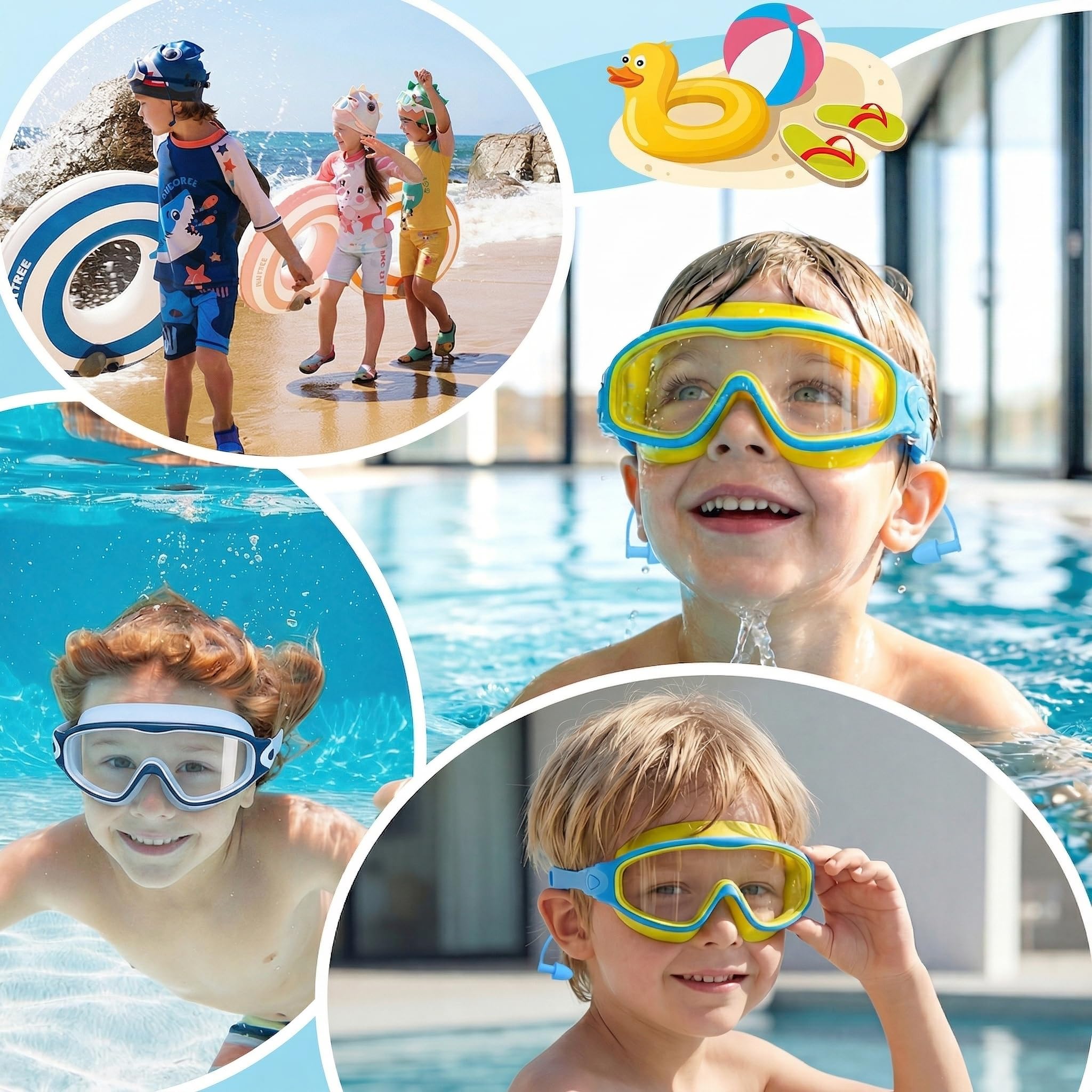 SHINER Lot de 2 Lunettes de Natation Enfants, Grand Champ de Vision HD 180°, Anti-Buée & Protection UV, Silicone Doux Réglable,avec Bouchons d’Oreilles & Pinces-Nez