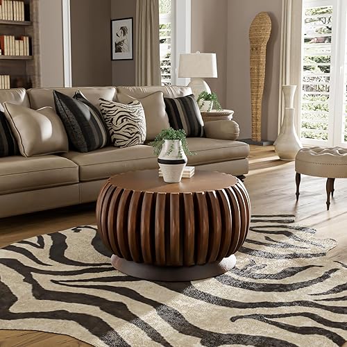 Mesa de centro redonda moderna de mediados de siglo para sala de estar, mesa de centro circular vintage, mesas de té con acento acanalado para