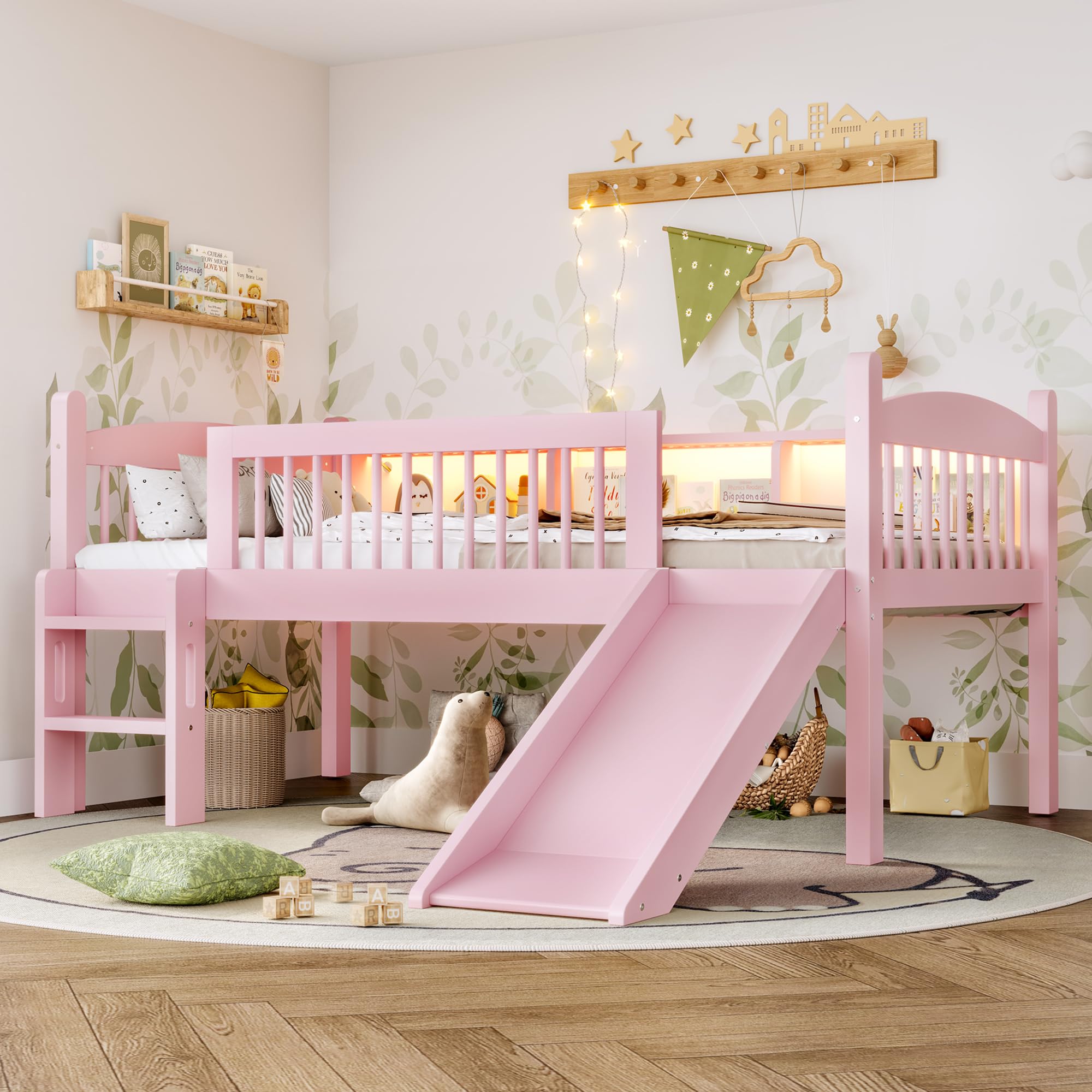 Twin XL Loft Bed with Storage Shelves, Solid Wood Lower Loft Bed with LED Lights and Full-Length Guardrails, No Box Spring Needed (Pink/T9)
