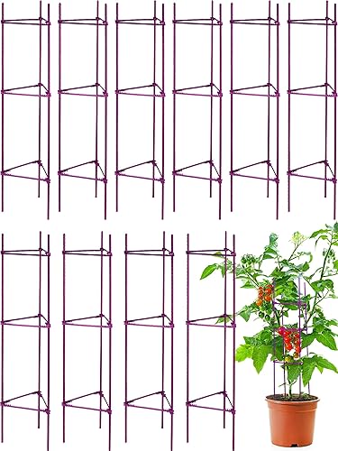 Paquete de 10 jaulas de tomate de 48 pulgadas, estacas de jardín para plantas, soportes con brazos de presión ajustables, clips de plantas, varillas
