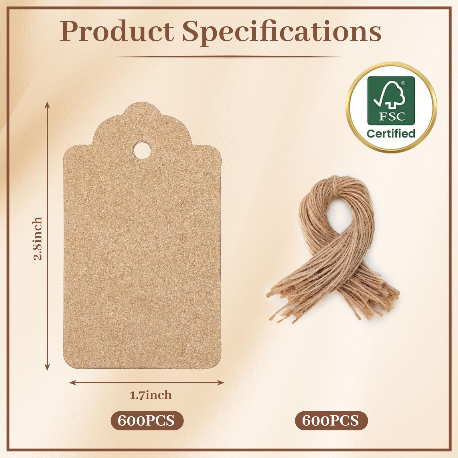 SallyFashion Kraftpapieranhänger, 600 Stück Bastelanhänger mit gratis 600 Stück natürlicher Jute-Schnur für Geschenke, Kunst und Handwerk, Hochzeit, Urlaub