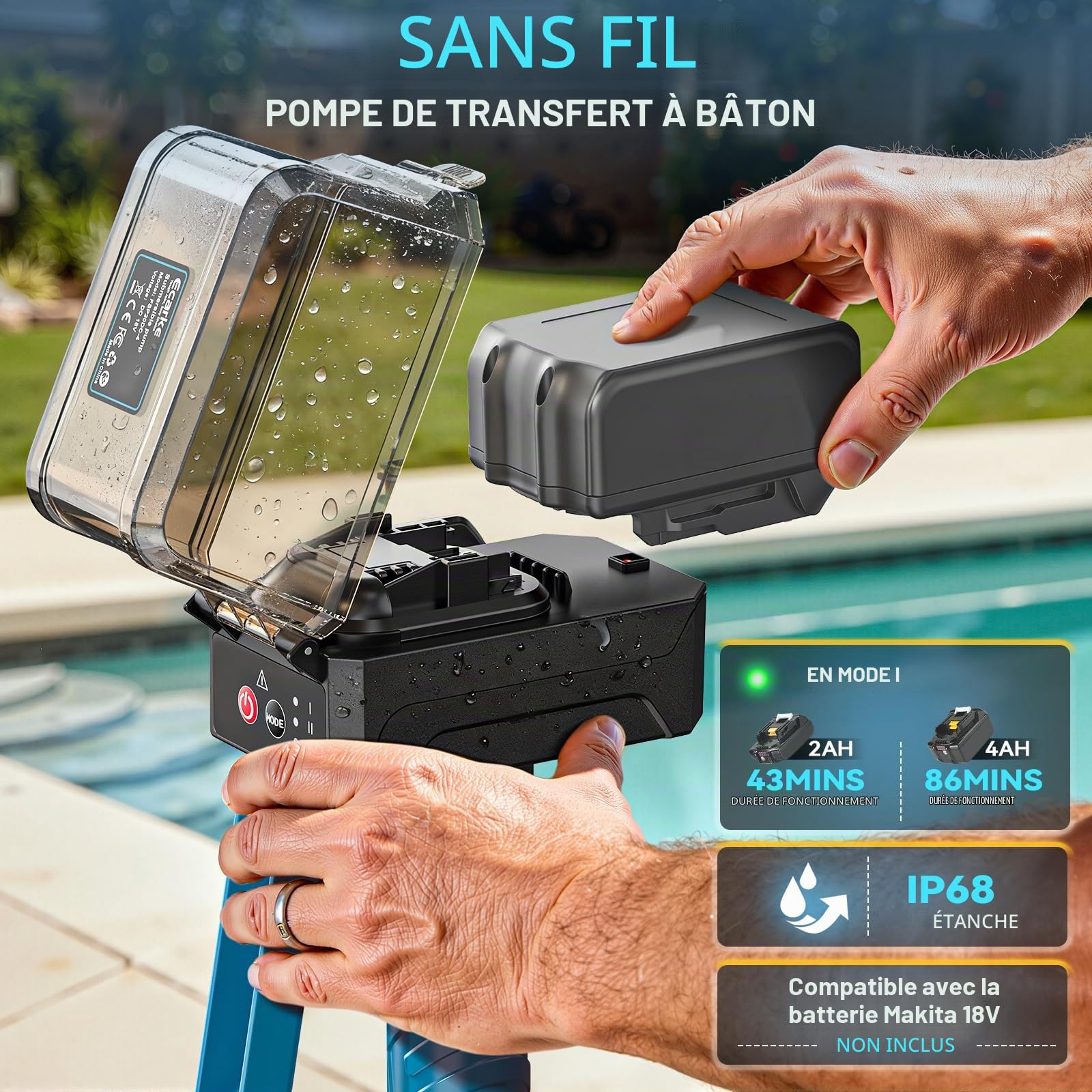 Ecarke Pompe Submersible de tansfert Sans Fil compatible avec Makita 18V, Débit 3000 L/h, Hauteur de Refoulement 8 m, Arrêt Automatique, 3 Vitesses, IP68, Idéal Vidange, Arrosage(sans batterie)