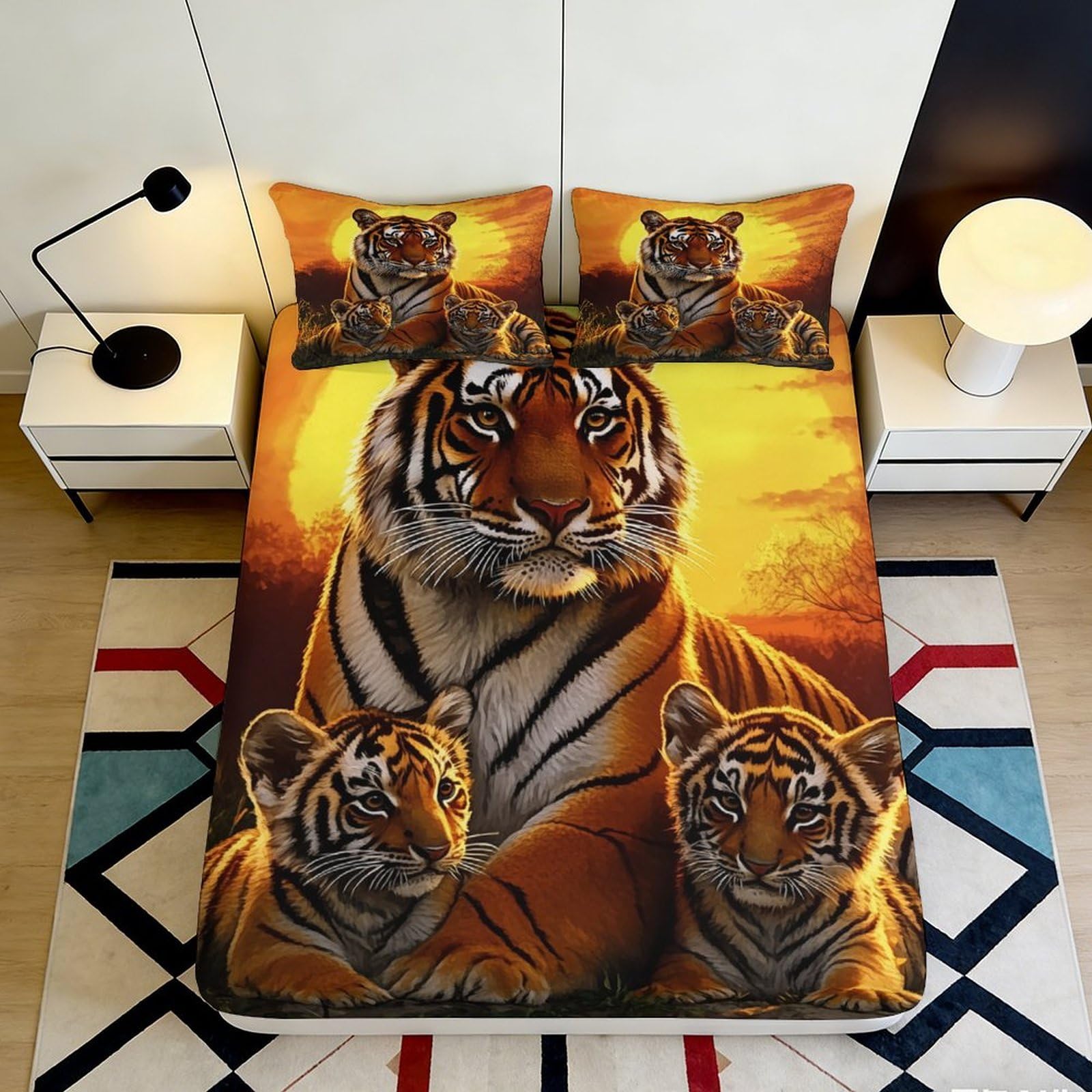 3D Printed Tiger Family Fitted Sheet Microfiber Soft Durable Sunset Bed Cover for Bedroom Dormitory Guest Room Mattress Protection Decoration 140x200x25cm