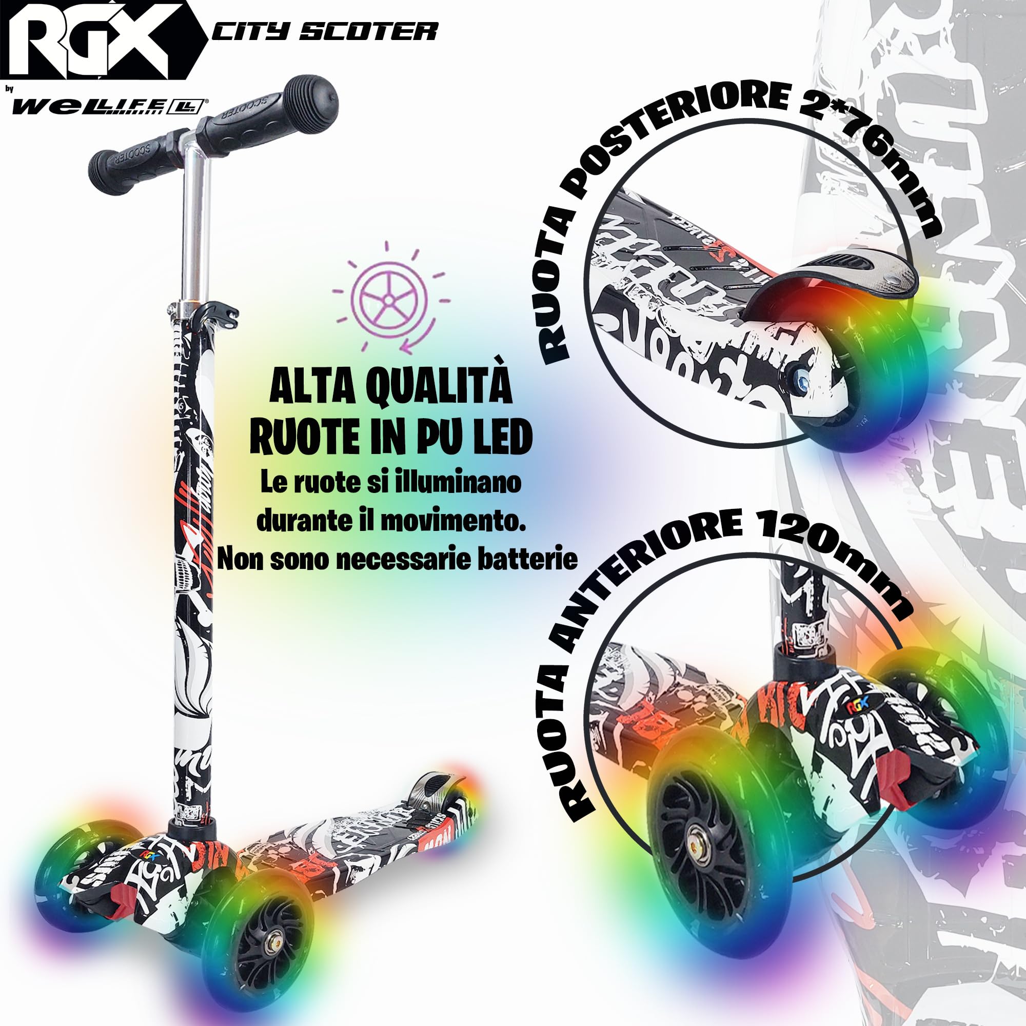 WeLLIFE |Scooter RGX| Monopattino per Bambini da 3 a 12 Anni| Monopattino Bambino 3 Ruote Luminose a LED| Monopattino Bambina con Impugnatura Regolabile in Altezza|