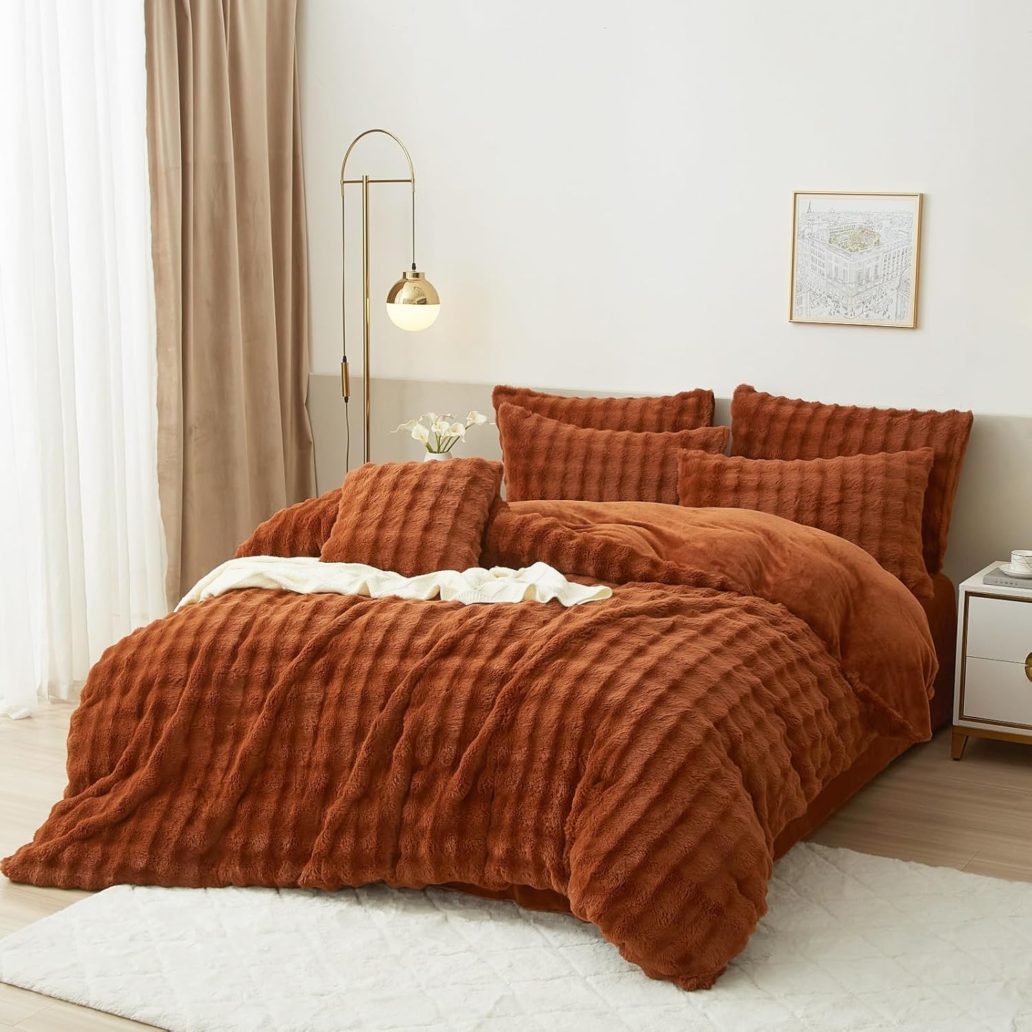Fluffy Faux Rabbit Fur Duvet Cover Set Twin Size Caramel Pumpkin, Luxury Soft Plush Shaggy Comforter Cover for Cold Winter Spring Fall, 2pcs Velvet Fuzzy Furry Bedding Sets Burnt Orange