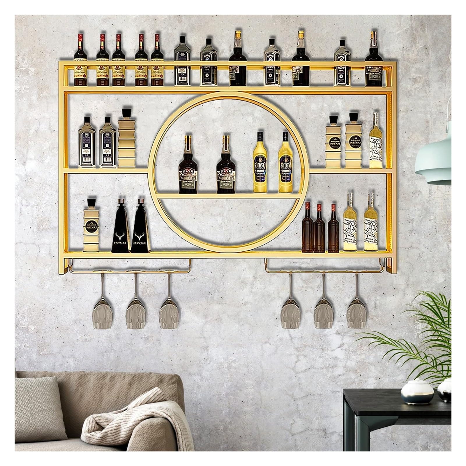 Étagère de bar murale lumineuse en métal noir pour bouteilles