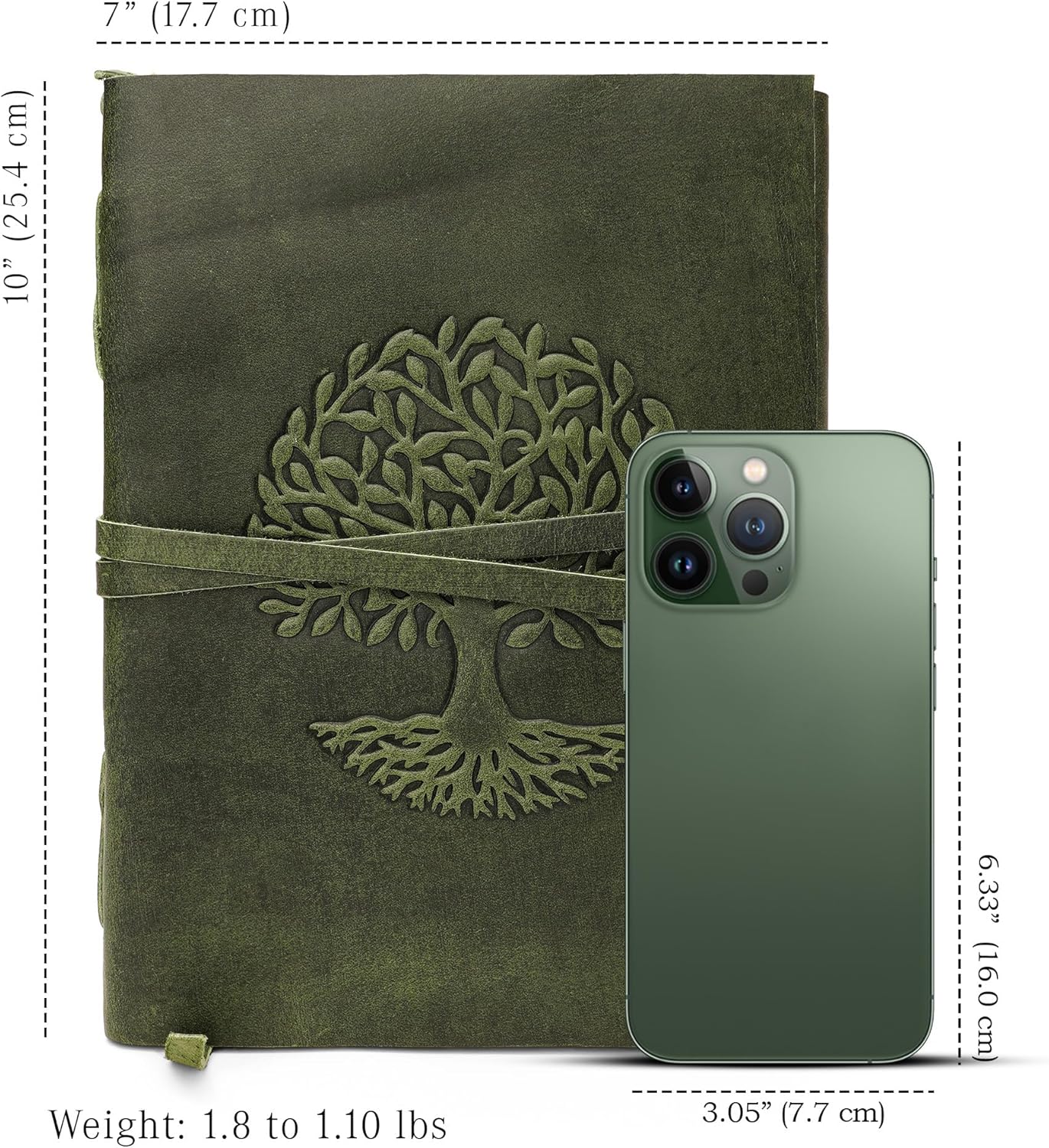 Tree Of Life Leather Journal for Women and Men, Handcrafted Leather Journal for Writing Womens, Sketchbook, Travel Diary with Unlined Deckle Paper, Dark Green 7x10