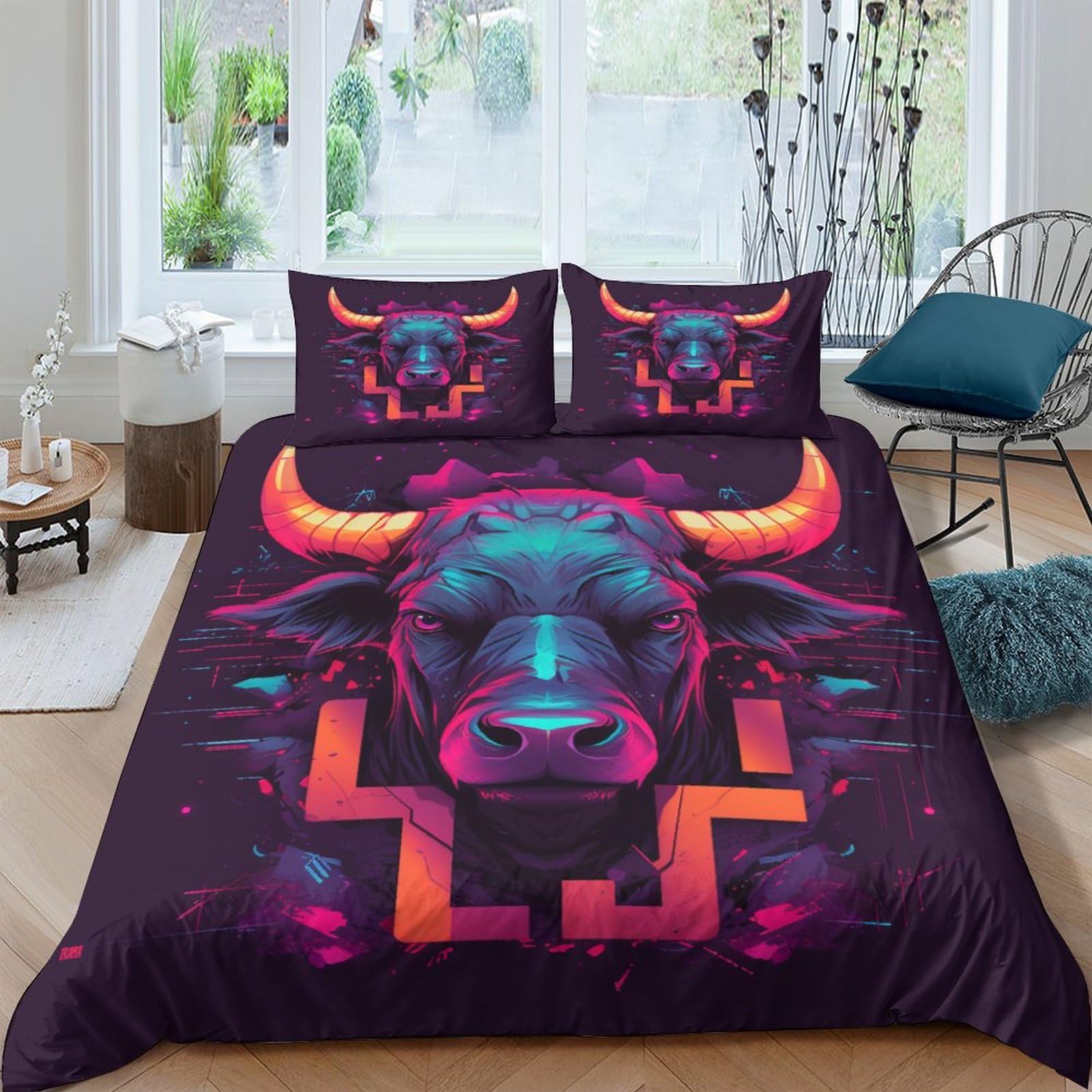 Housse de couette 3D motif Taureau en microfibre premium ultra douce literie double 200x200cm