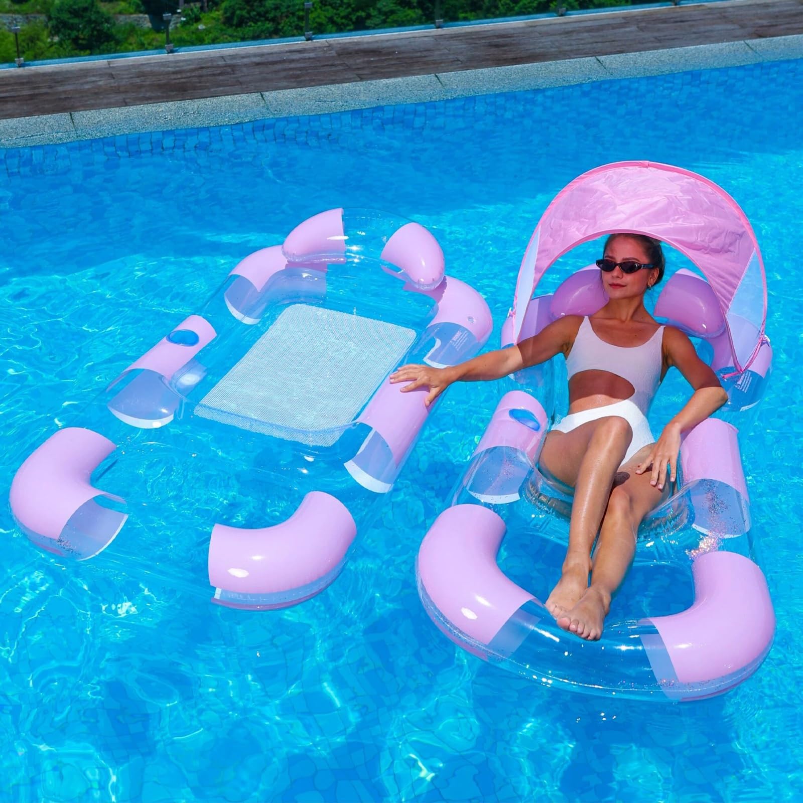 Bouee Piscine, Matelas Piscine Gonflable | Équipé d'un pare-soleil amovible et d'un porte-gobelet, conception de drainage en maille inférieure