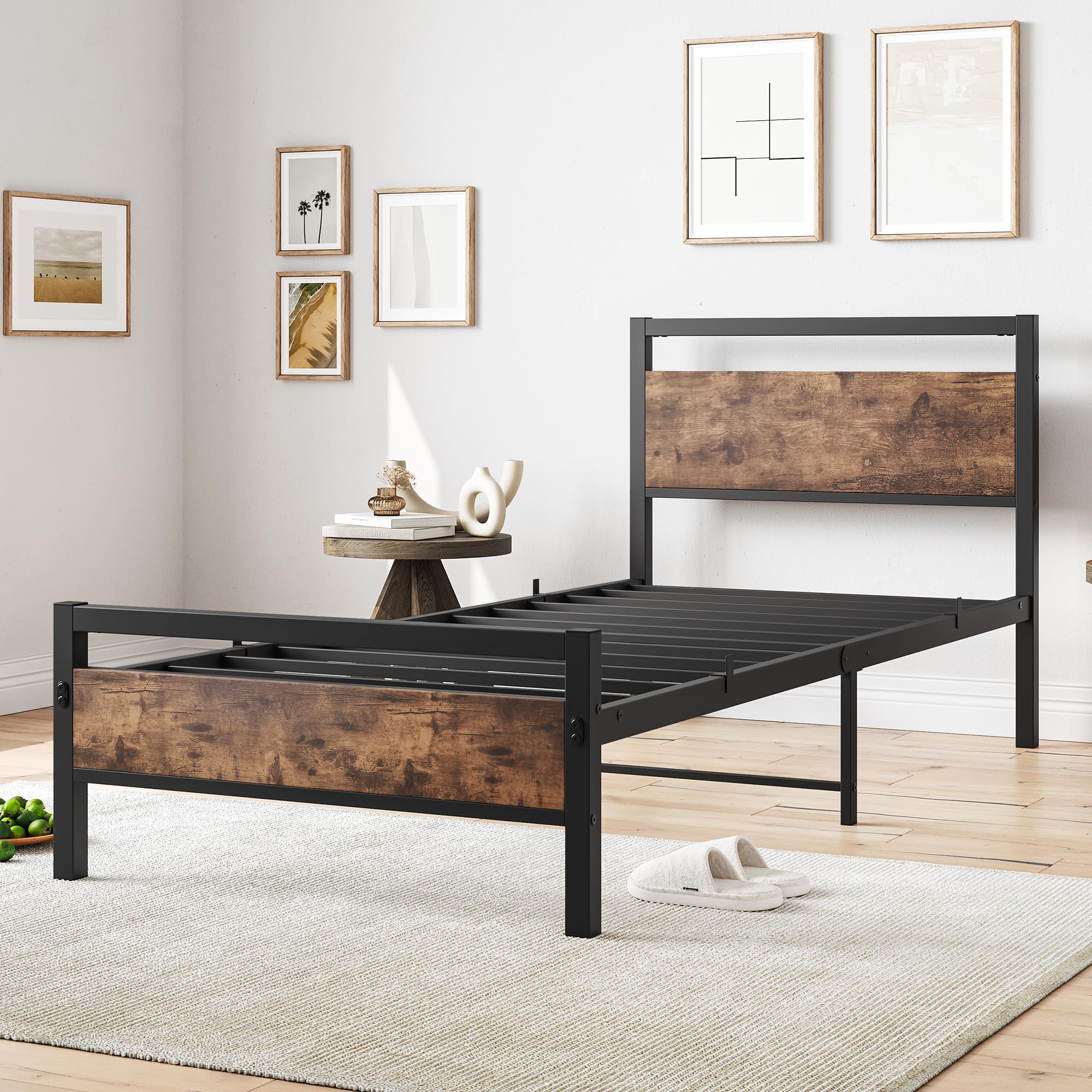 Bett 90x200 Bettrahmen aus Metall Holz Metallbett Einzelbetten Bettgestell Jugendbett 90x200 mit Lattenrost,Metall Bed Frame Braun und Schwarz