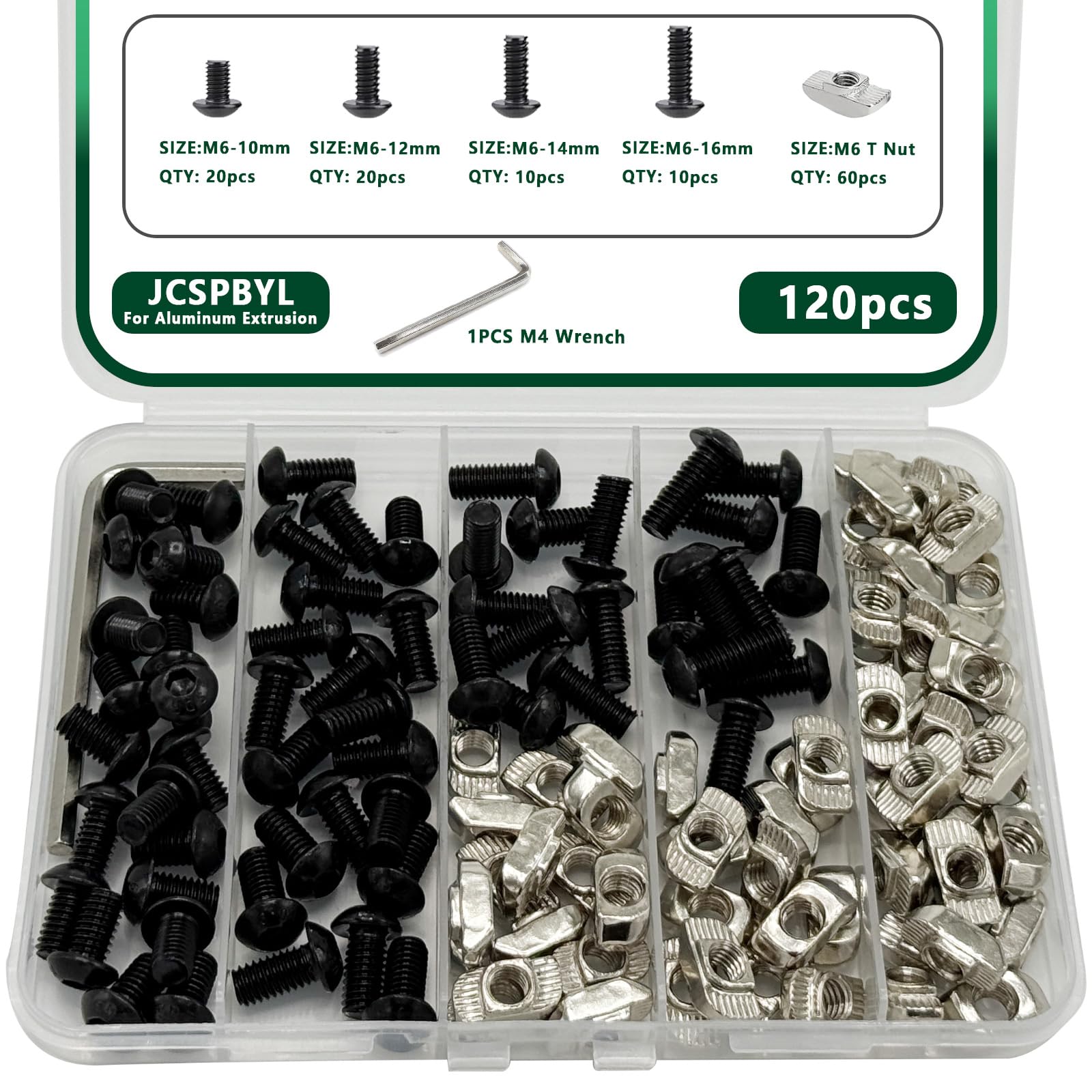 80 pcs M8 T Nut Screws Kit for 4040 4080 Aluminum Extrusion, 26 pcs Black M8x12/16/20mm Hexagon Socket Carbon Steel Screws and 26 pcs M8 Drop in T-Nuts, 28 Washers with Hex Wrench — Amazon image 13