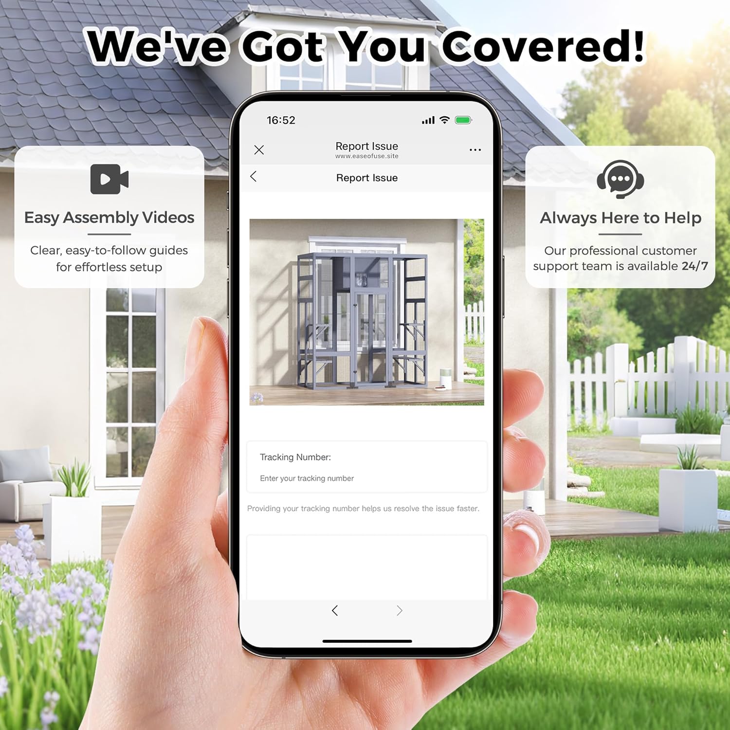 Smartphone screen showing a 'Report Issue' form with text 'Easy Assembly Videos' and 'Always Here to Help'.