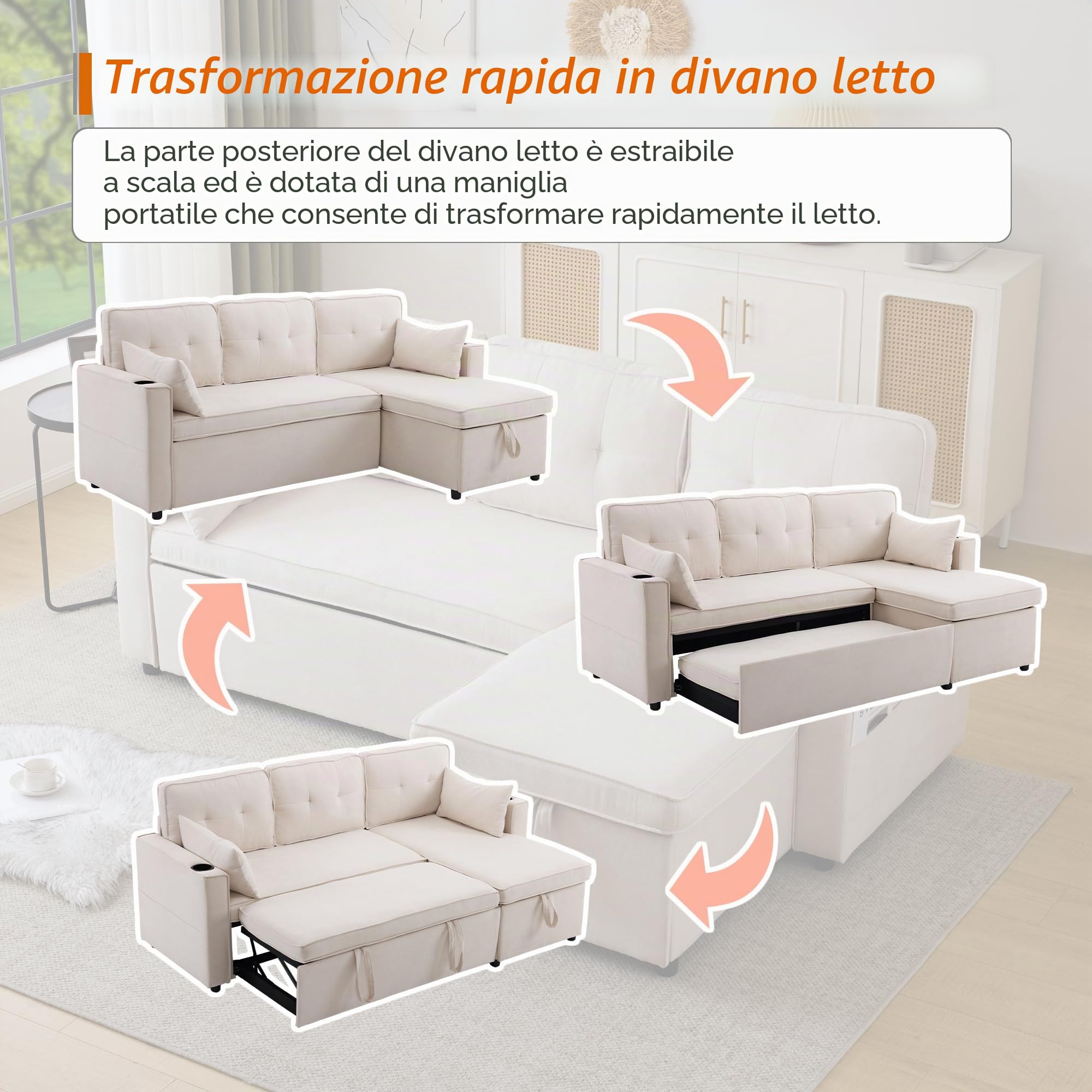 Soweiz Divano letto con funzione di sonno, divano a forma di L, design moderno, poltrona lounge con vano portaoggetti, con portabevande, divano letto, soggiorno e sinistra, intercambiabile (beige)