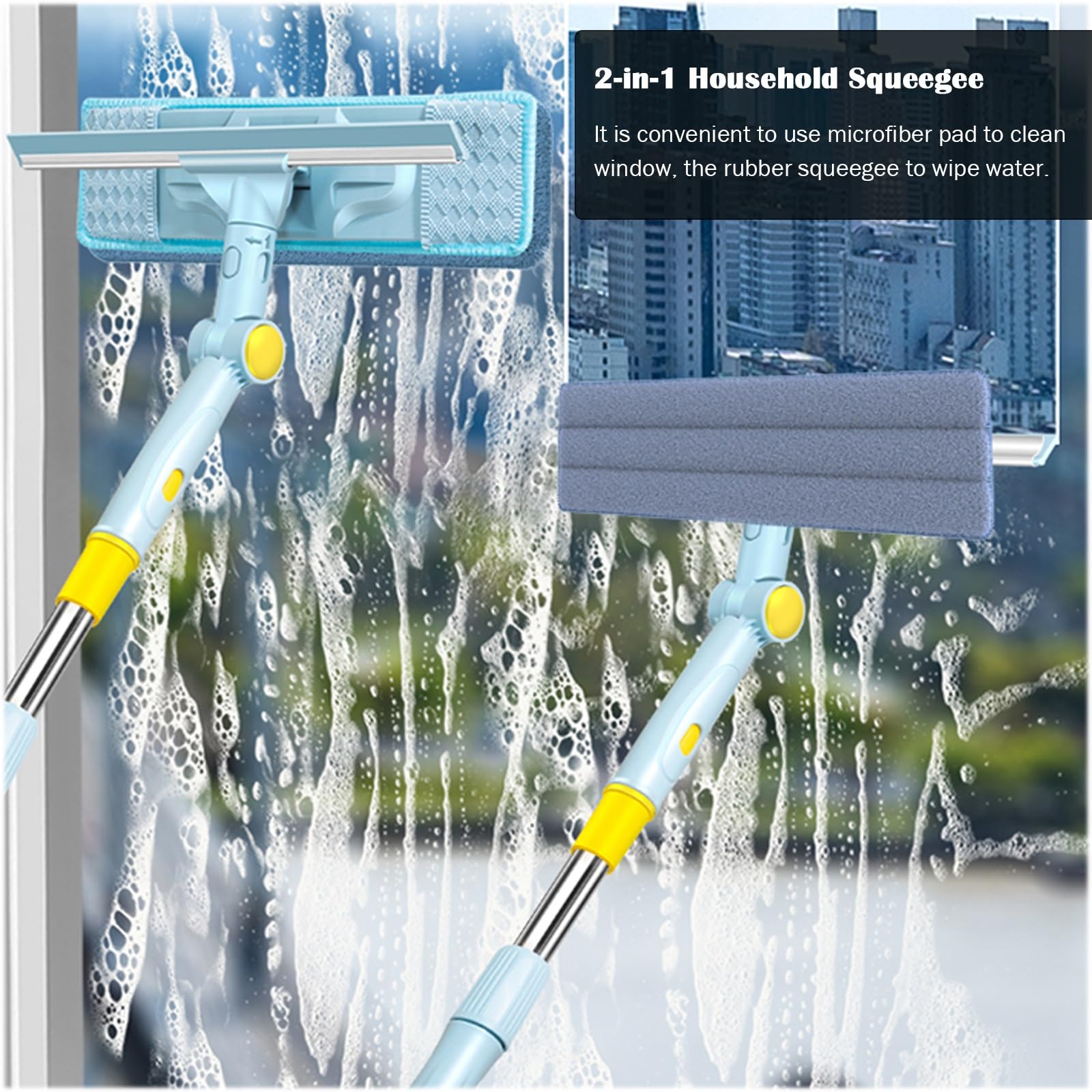 Kit de limpieza de ventanas extensibles, 180 esquejillas y depurador giratorios, poste telescópico 40-60 pulgadas para vidrio de coche de ducha casera, herramienta de limpieza sin rayas con almohadill