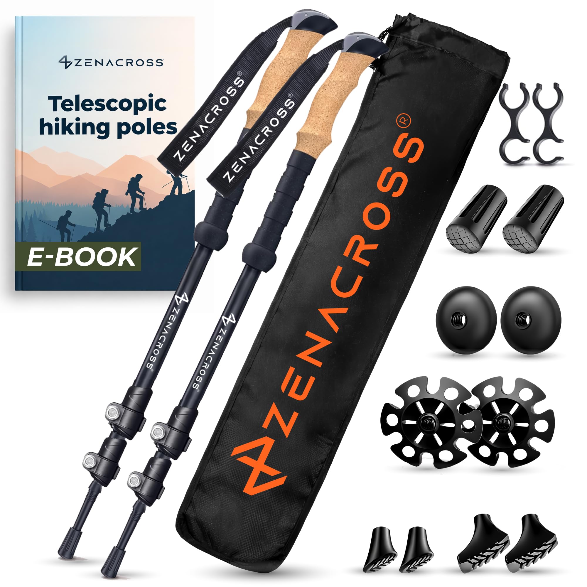 Zenacross® Wanderstöcke Teleskop - Nordic Walking Stöcke Damen/Herren Ultraleichte - Trekkingstöcke Einstellbar mit Natürlich Kork Griff
