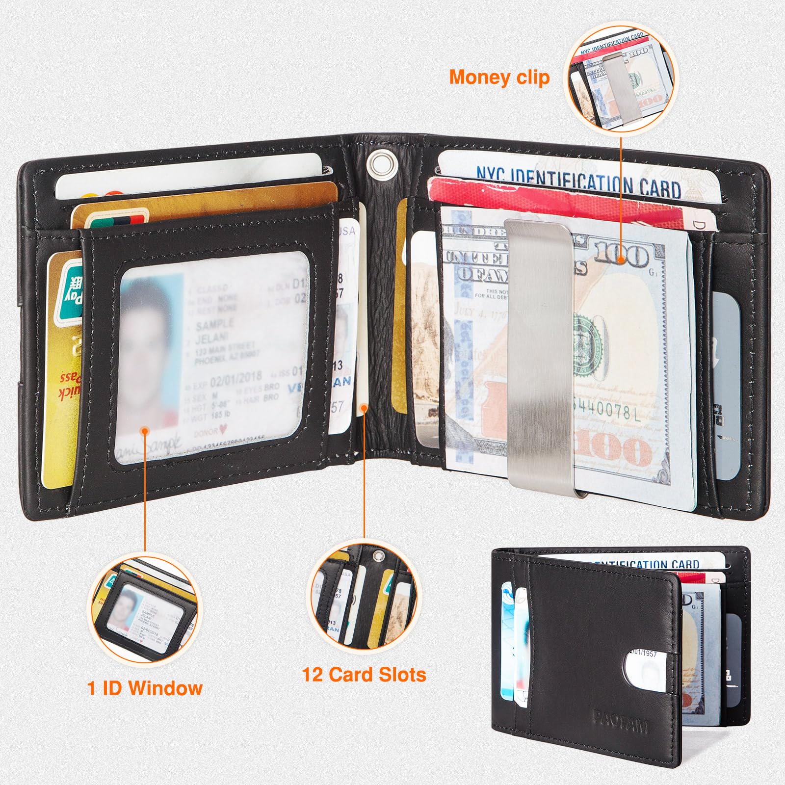 PAOFAM Chain Wallets for Men, Genuine Leather Blocking Bifold Wallet RFID Protective Credit Card Holder with Money Clip, Pickpocket Proof Slim Chain Wallet for Men