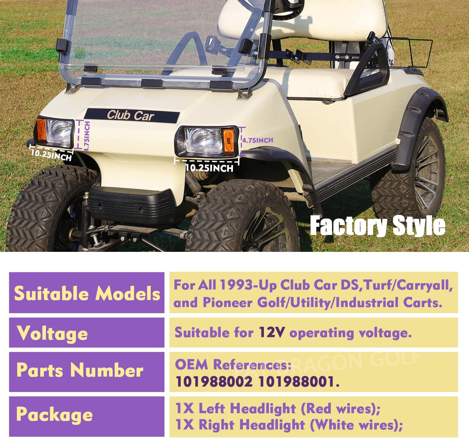 Panglong Club Car DS Headlights, Factory Style DS Halogen Headlights Kit-Passenger and Driver Side, Suitable for Club Car DS 1993-Up Golf Cart, Replace OEM 101988002, 101988001