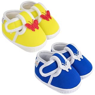 Neska Moda Set of 2 Pair Baby Boys & Baby Girls Hook & Loop Cotton Booties For 12 to 18 Months (Yellow,Blue) -BT1166andBT1160