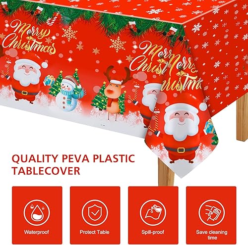 Miniatura 3 de PLULON 2 manteles de Navidad de plástico con copos de nieve, mantel rectangular rojo de Navidad, Papá Noel, muñeco de nieve, alce, para Navidad,